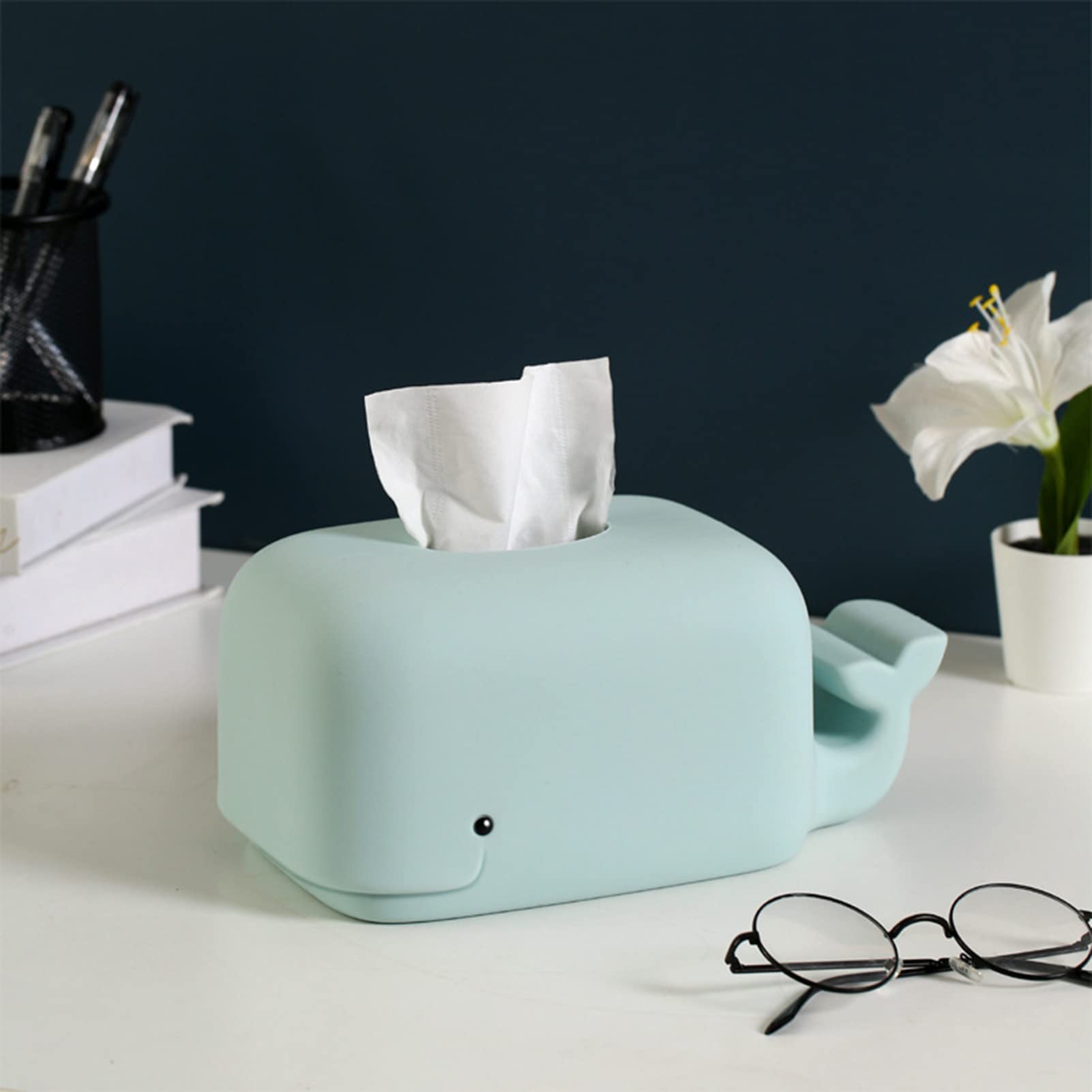 Whale Silicone Tissue Box Cover - Cute Tissue Dispenser Holder for Facial Tissues & Napkins | Phone & Tablet Stand | Office & Living Room Organizer (Light Blue) | Perfect for Home Decor, Desk Accessories & Gift Ideas