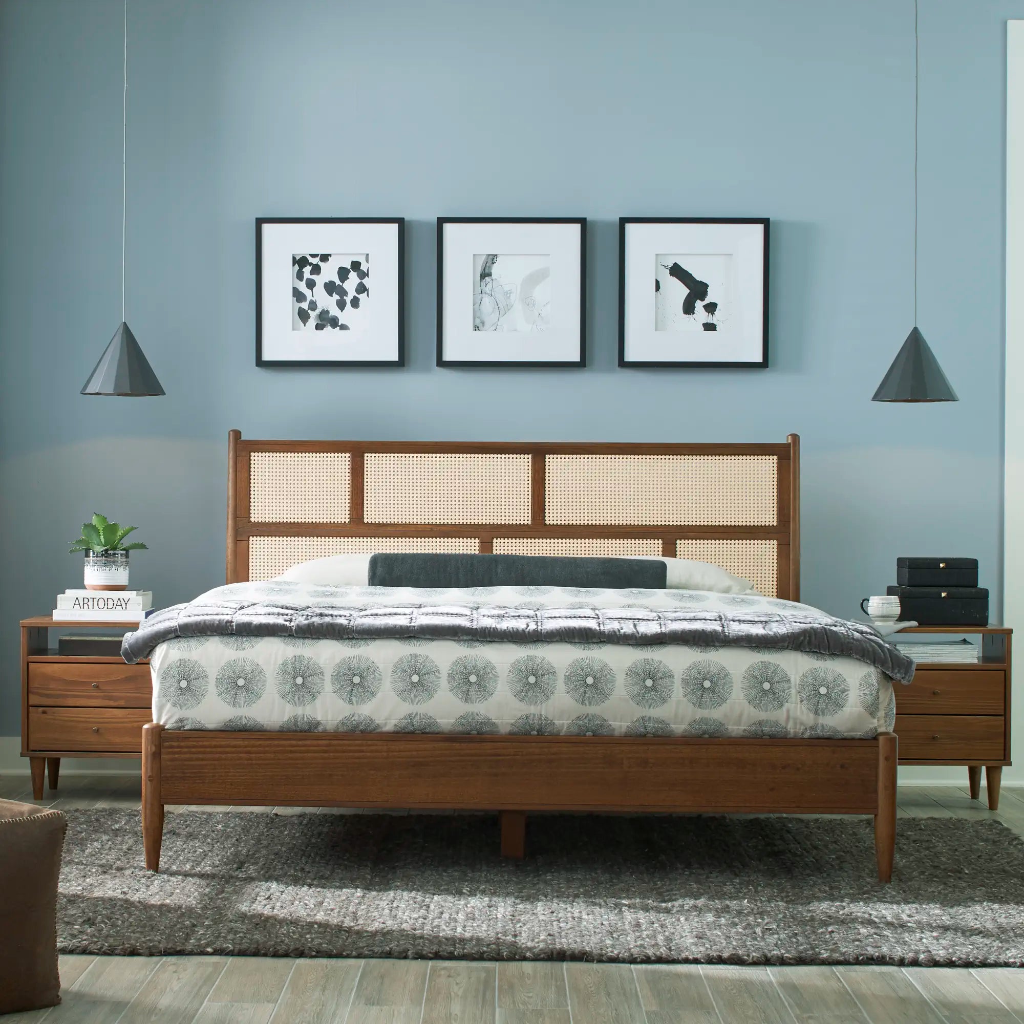 Vintage Mid Century Modern Cane Bed Frame - Rattan Headboard & Wooden Platform - Queen Size Bedroom Furniture for Boho, Farmhouse & Coastal Decor