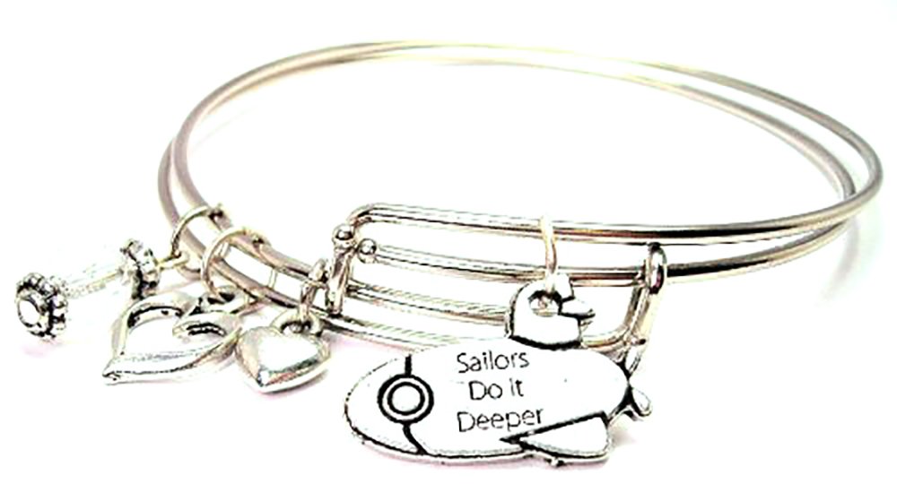Sailors Do It Deeper Submarine Adjustable Wire Bangle Charm Bracelet - Nautical Jewelry for Women, Adjustable Wrist Bracelet, Ocean-Themed Gift for Beach Lovers & Navy Enthusiasts | Perfect for Casual Wear, Beach Parties & Military Appreciation Events