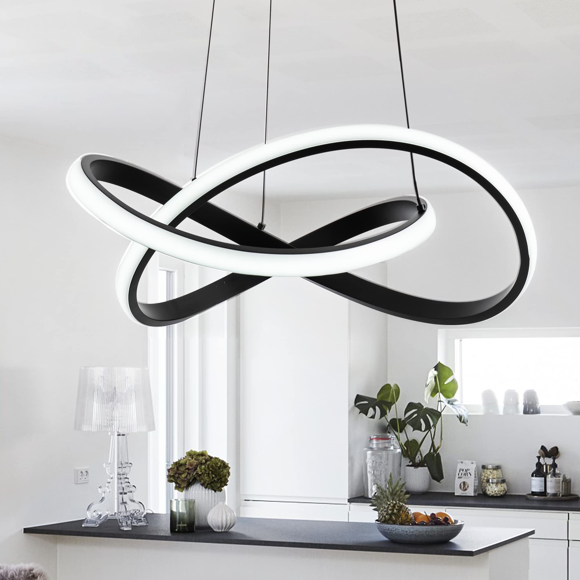 MAYNA Modern LED Pendant Light Fixture - Contemporary Adjustable Chandelier with Irregular Ring Lights, 6000K Daylight White - Perfect for Dining Room, Kitchen, Entryway, Living Room & Bedroom Lighting