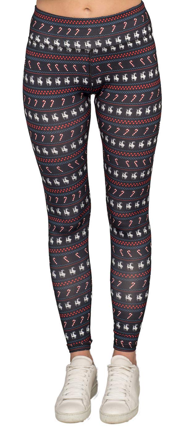 Festive Christmas Leggings for Women - Black Reindeer & Candy Cane Print - TV Store Humping Design - Perfect for Holiday Parties, Gift Exchanges & Cozy Winter Nights