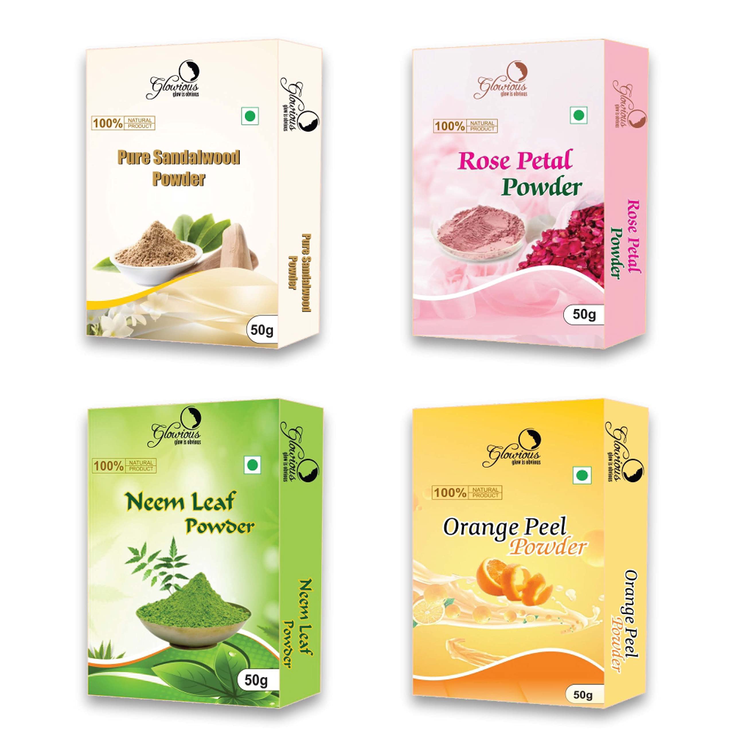 Glowious 4-Pack Botanical Powder Combo (Sandalwood, Orange Peel, Neem Leaf & Rose Petal) 200g Each | Natural Ayurvedic Skincare for Glowing Face & Radiant Skin | DIY Face Mask & Body Scrub for Spa Day at Home