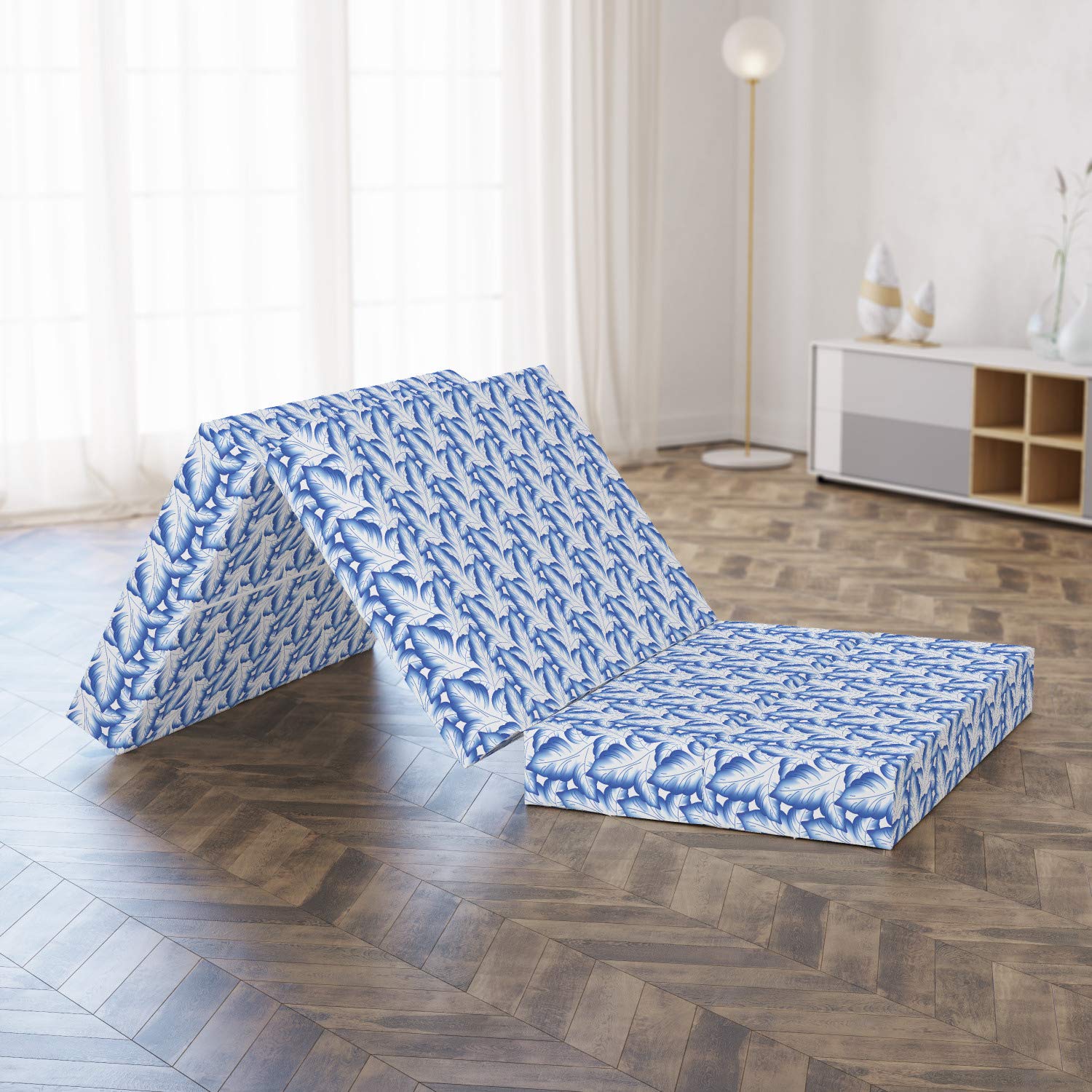 Ambesonne Leafy Foldable Mattress - Blue Floral Leaves Design, 74.8