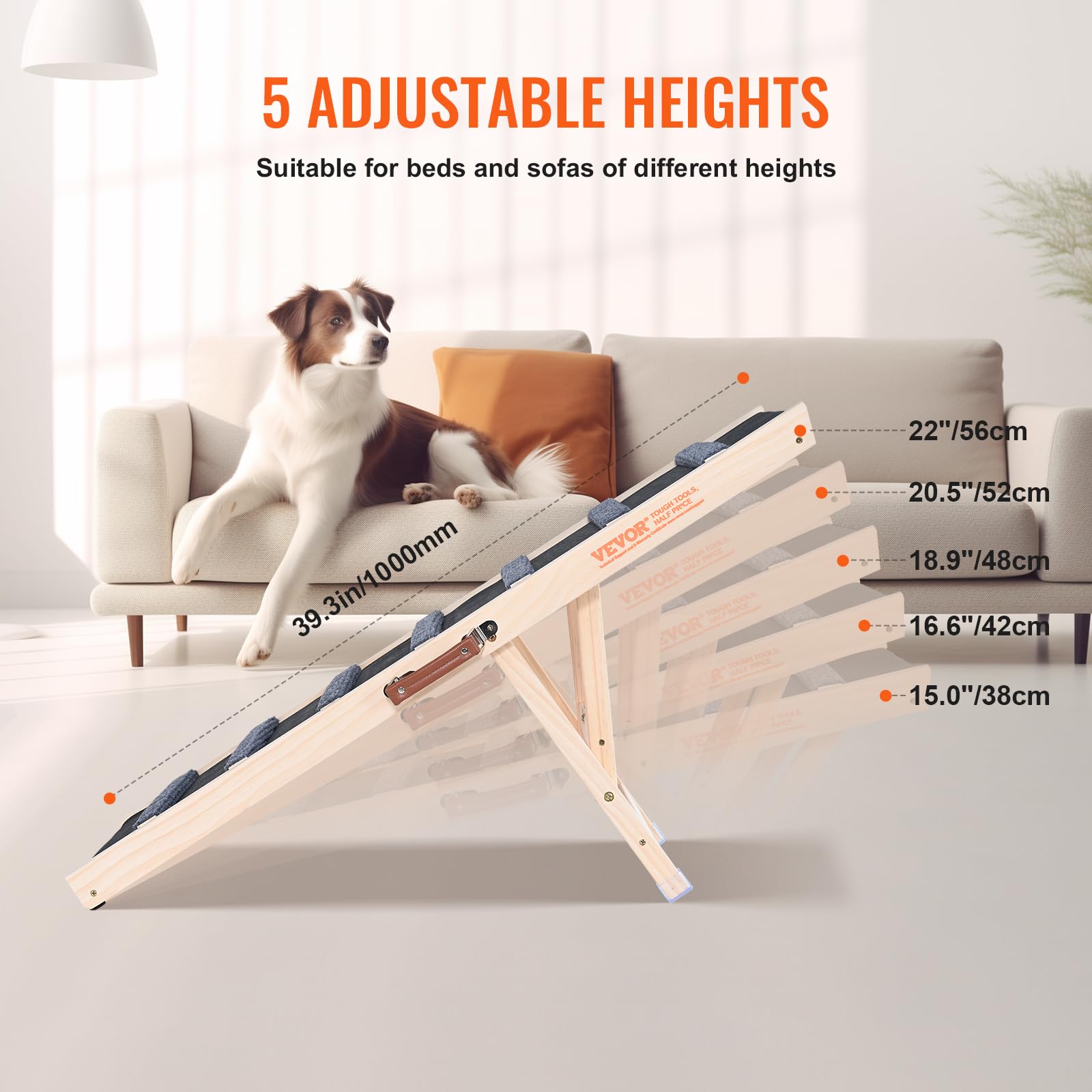 VEVOR Folding Dog Ramp for Bed, Couch & Car - Adjustable Pet Ramp for Small, Large & Senior Dogs or Cats - 39.3