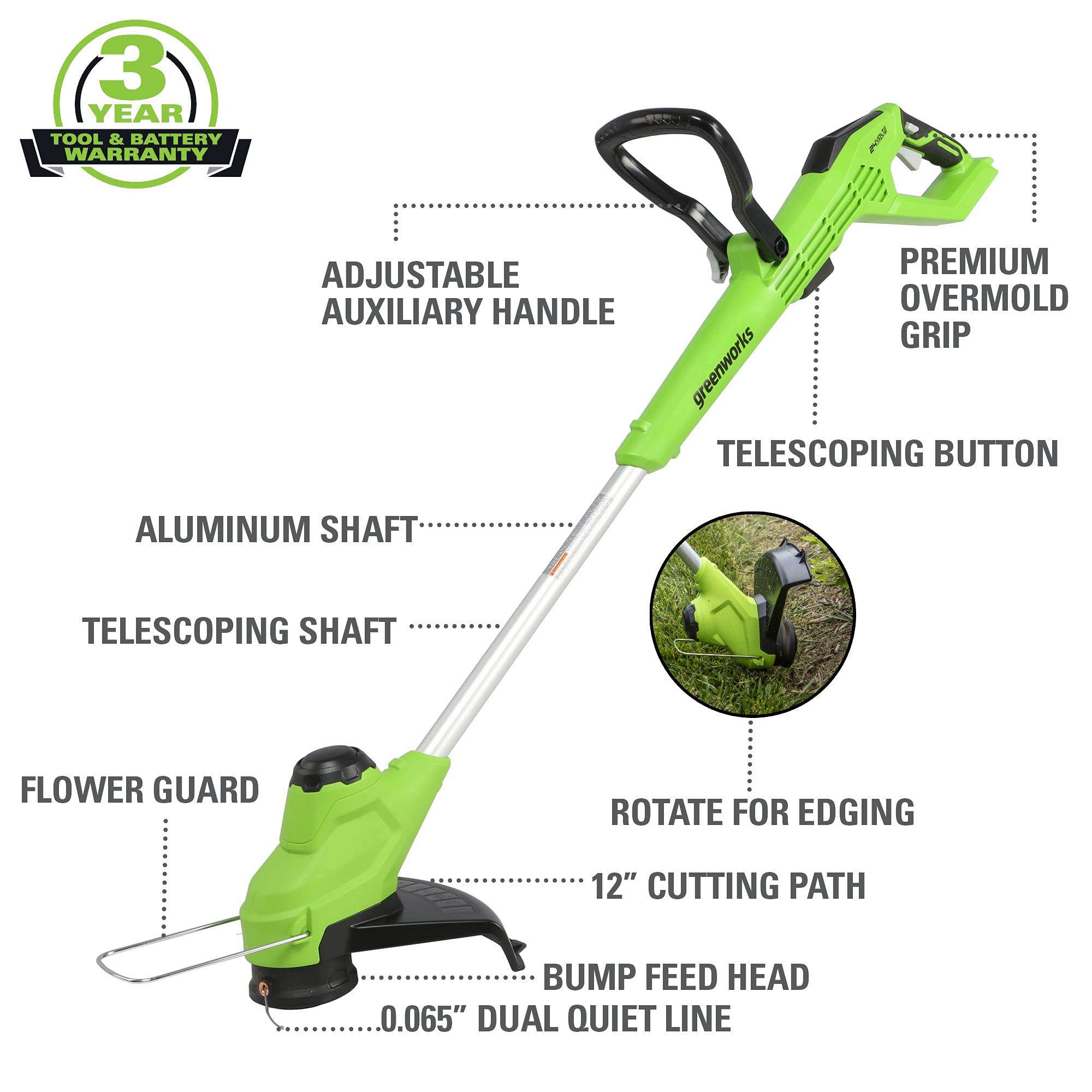 Greenworks 24V 12-Inch TORQDRIVE Cordless String Trimmer with 2Ah USB Battery & Charger Included (ST24B212) - Perfect for Lawn Edging, Weed Control, and Yard Maintenance