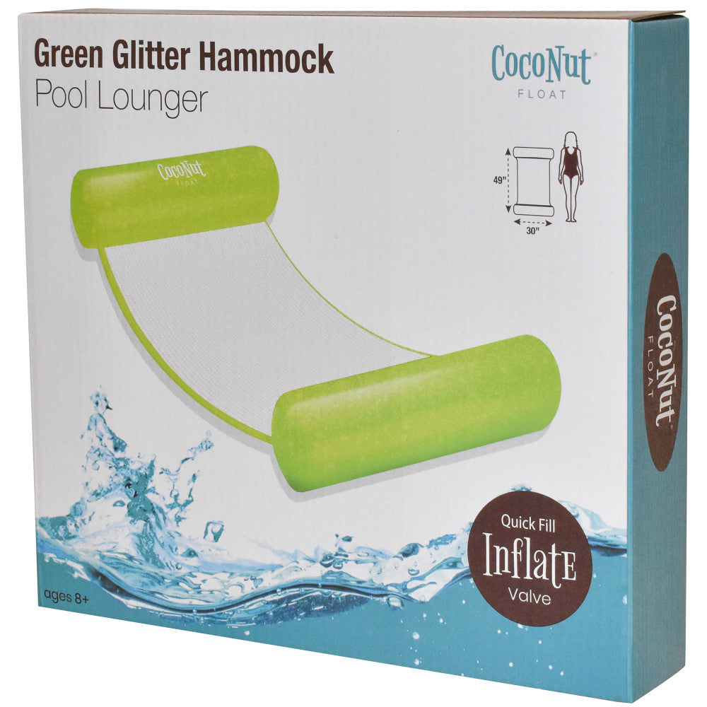 CocoNut Float Green Glitter Hammock Pool Lounger - 49 x 30 Inflatable Relaxation Chair for Pool, Beach, Backyard & Summer Parties