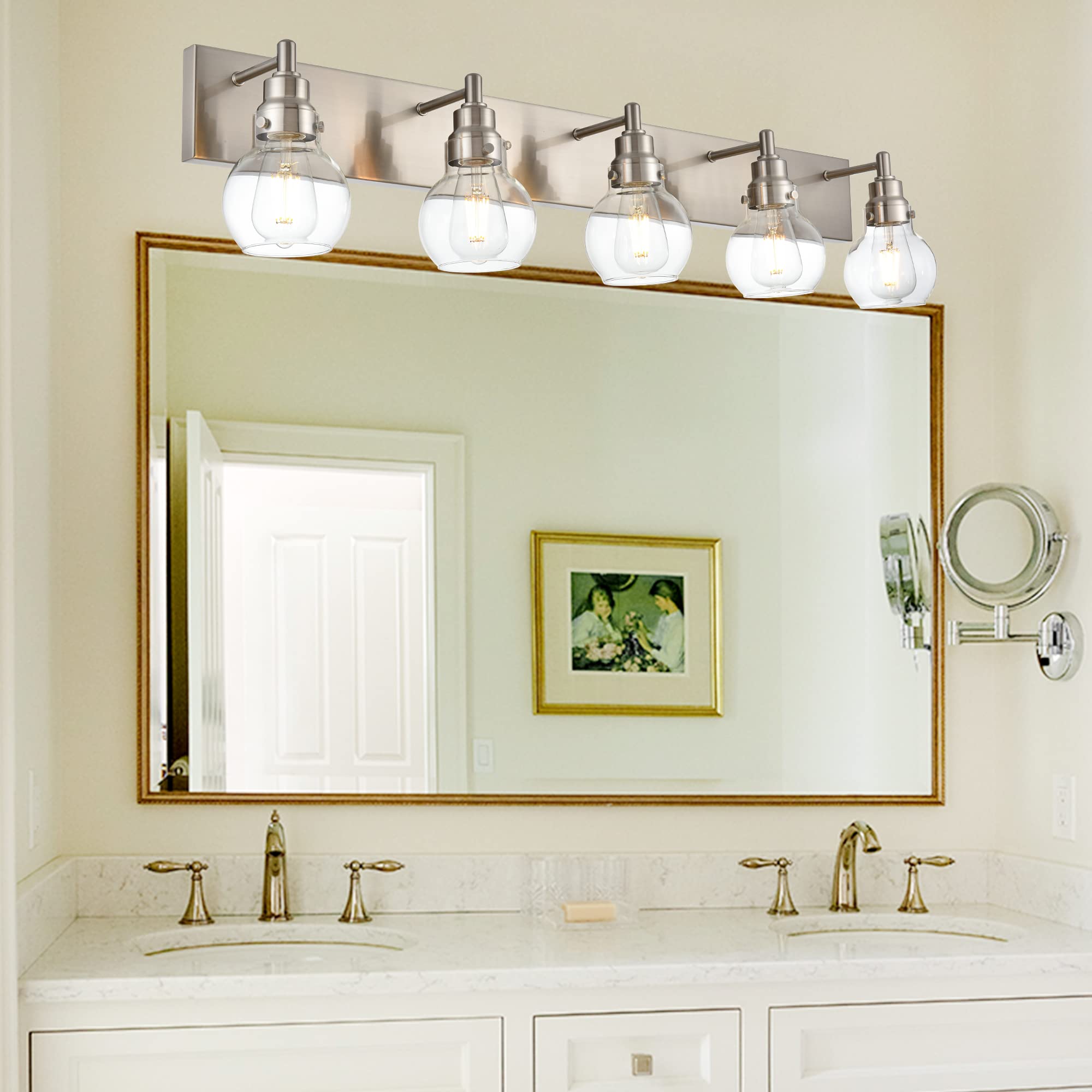 Brushed Nickel 5-Light Bathroom Vanity Lighting with Clear Globe Glass, E26 Base - Perfect for Mirror, Bath, Hallway & Indoor Wall Decor