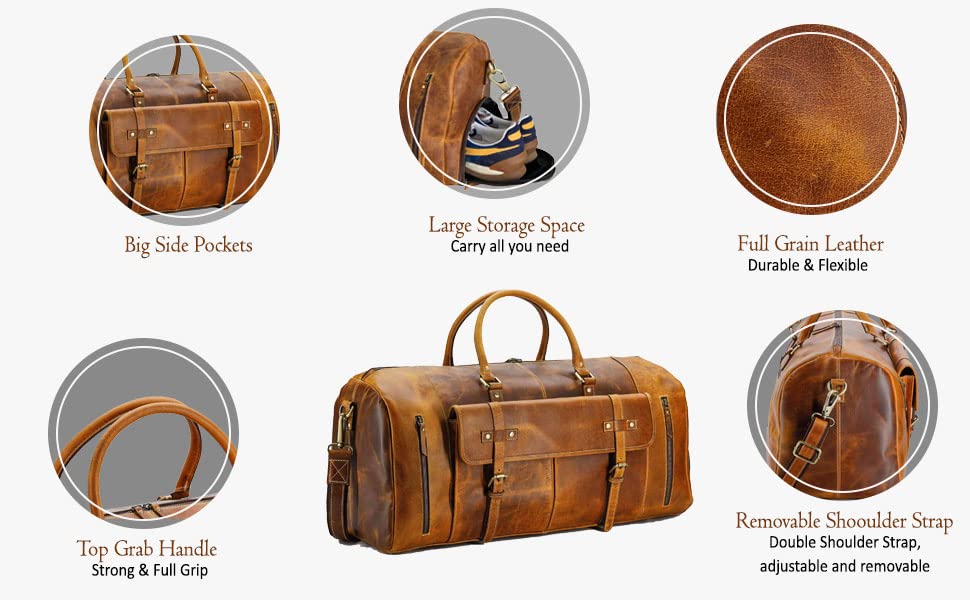 Premium 24 Inch Full Grain Leather Duffel Bag for Men & Women - Tan Travel Gym Duffle with Shoe Pocket - Perfect for Overnight Trips, Weekend Getaways & Sports Gear Storage