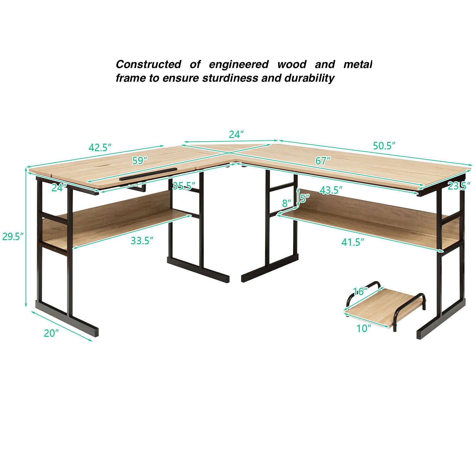 Ergonomic L-Shaped Corner Computer Desk with Adjustable Tilt Top - Home Office Workstation with 2 Open Bookshelves, Perfect for Writing, Drawing & Studying - Convertible into 2 Separate Tables for Versatile Workspace Solutions