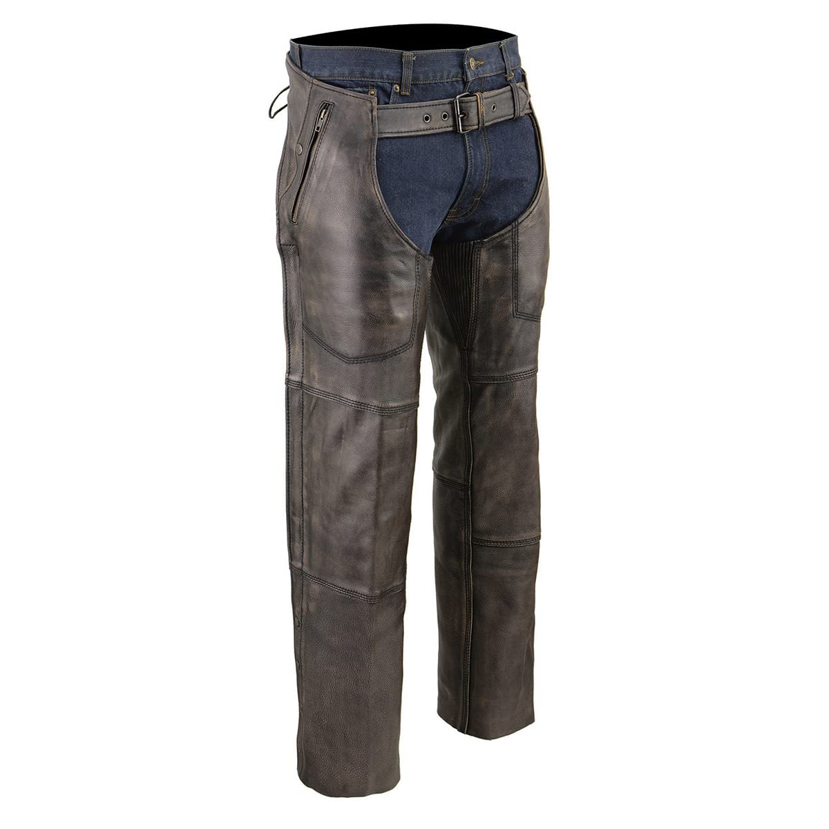 Milwaukee MLM5500 Men's Distressed Brown Leather Motorcycle Chaps - Thermal Lined, 4 Snap Pockets, Cold Weather Riding Gear for Harley, Cruiser & Adventure Bikes