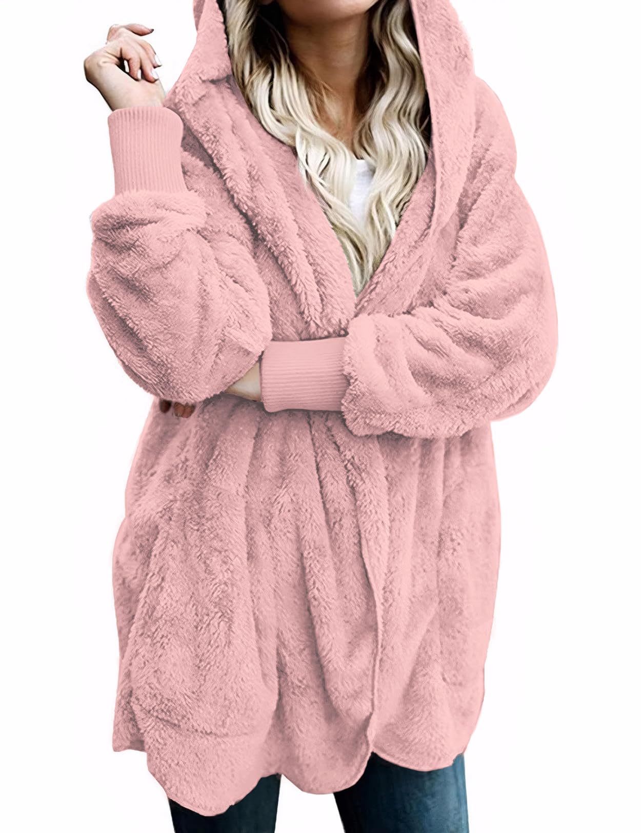 Zilcremo Women's Hooded Cardigan Fuzzy Jacket - Winter Open Front Fleece Coat with Pockets | Cozy Loungewear for Home, Office & Outdoor Activities