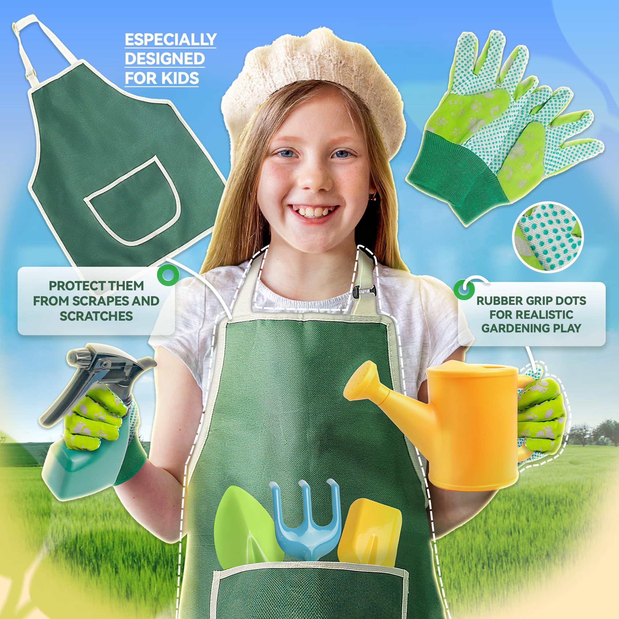 **Kids Gardening Tools Set - Toddler Gardening Kit with Shovel, Rake, Trowel, Apron, Tote Bag & Watering Can - Perfect Gardening Gift for Boys & Girls - Fun Outdoor Activity for Kids - JC1008**