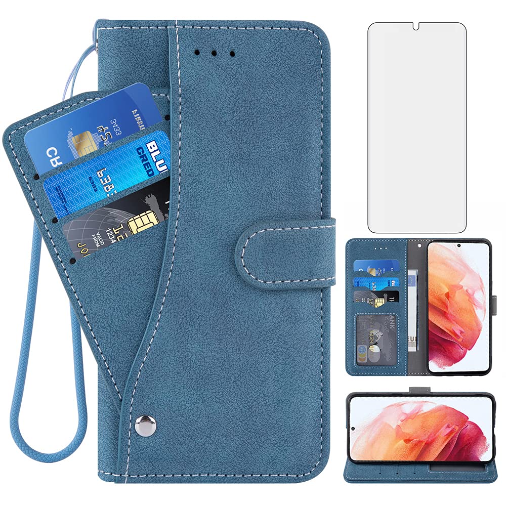**Premium Flip Wallet Case for Samsung Galaxy S21 5G (6.2 inch) – Heavy Duty Protective Cover with Tempered Glass Screen Protector, Card Holder & Lanyard – Perfect for Work, Travel & Daily Use (Blue, Unisex)**