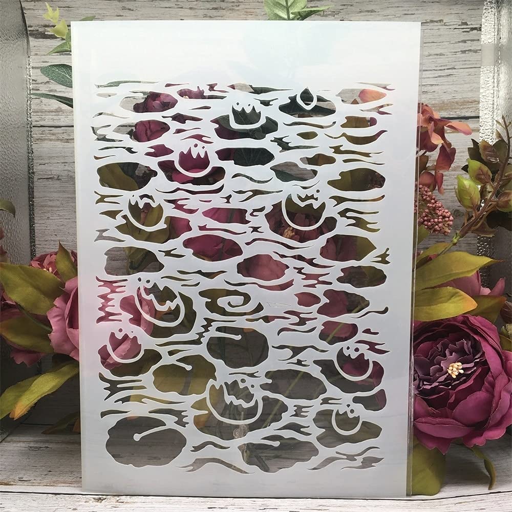 Lotus Pond Texture Stencils for Painting on Wood - A4 29cm DIY Layering Stencils for Wall Art, Crafts & Home Decor - Perfect for Scrapbooking, Furniture Upcycling & Nursery Room Design