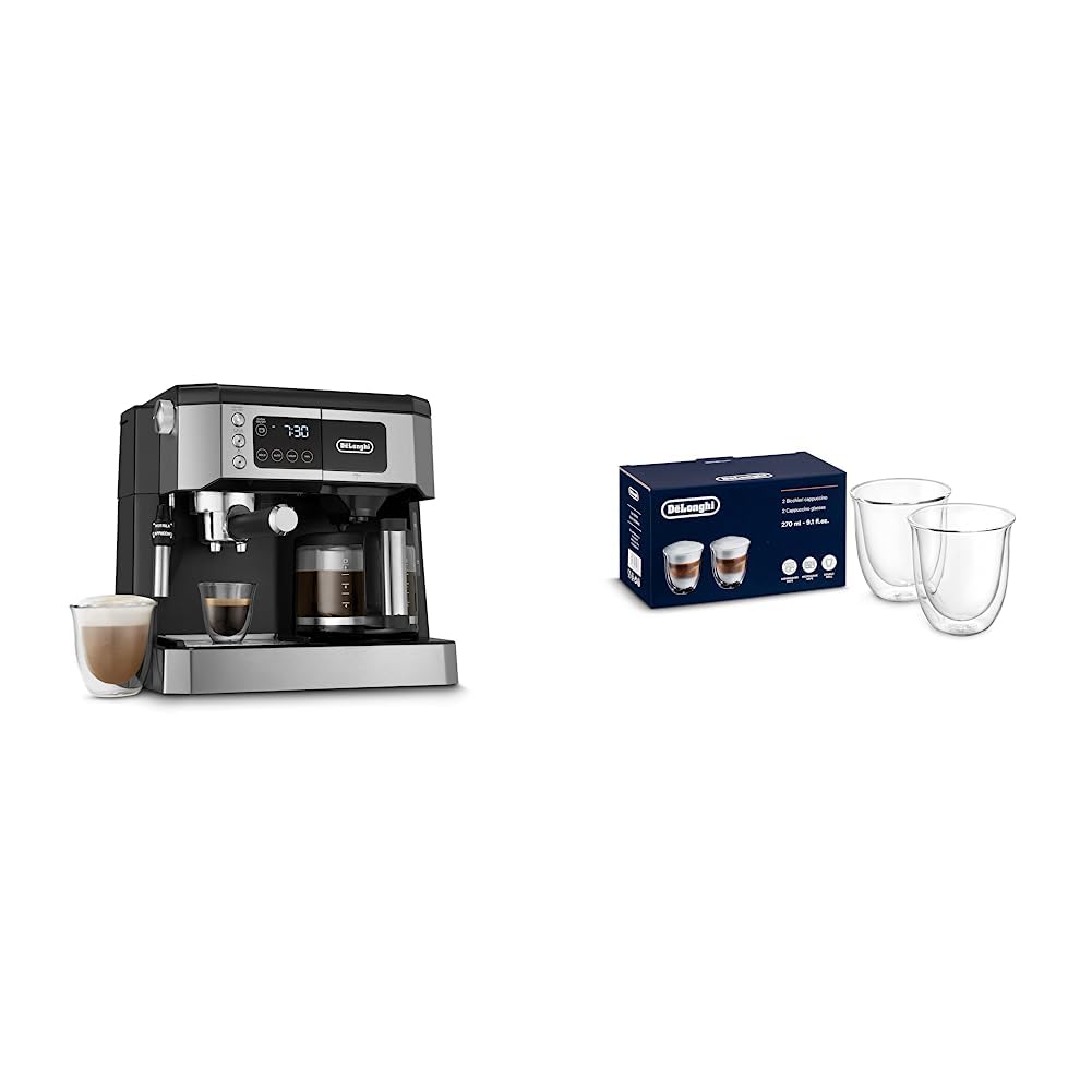 De'Longhi All-in-One Coffee Maker & Espresso Machine with Adjustable Milk Frother - Black | Includes 2 Cappuccino Glasses (270ml) for Perfect Home Brewing & Entertaining
