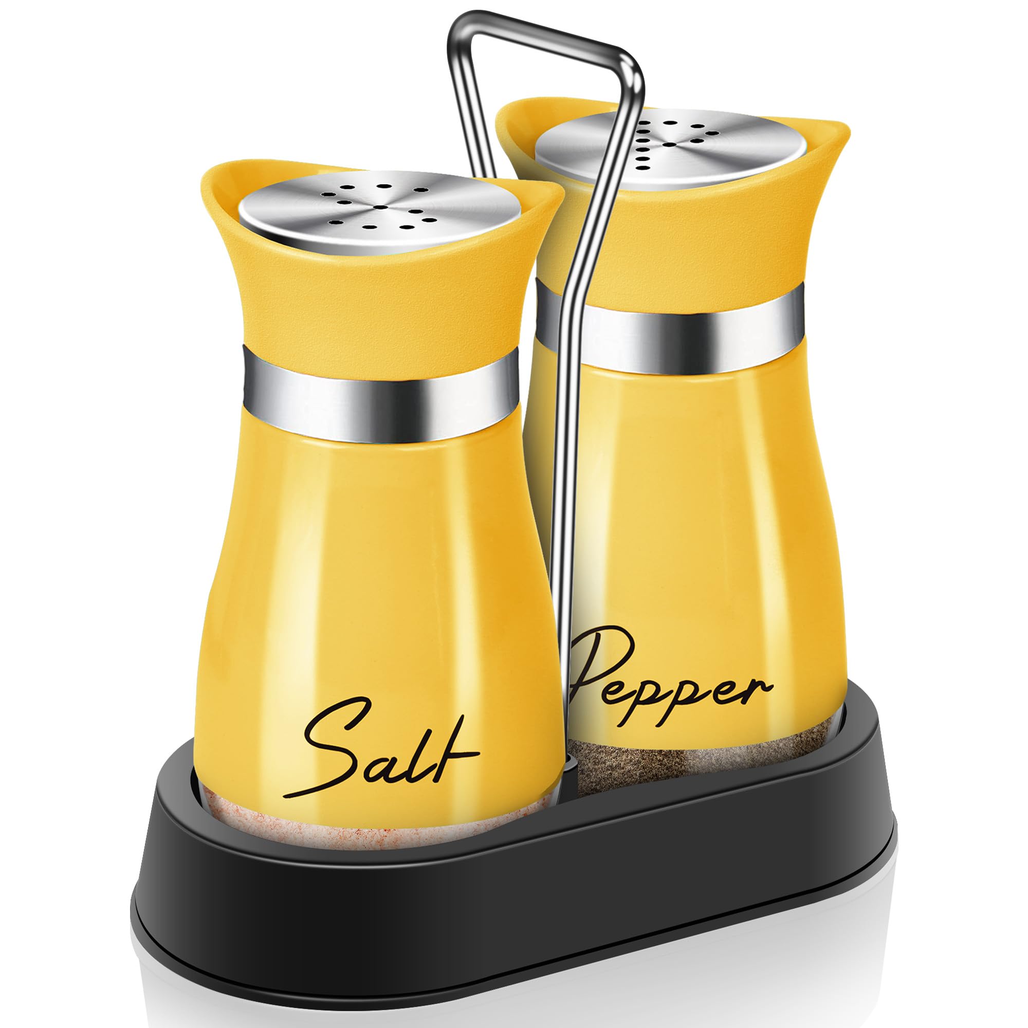Yellow Salt and Pepper Shakers Set with Holder - 4 oz Refillable Farmhouse Kitchen Decor, Cute Table Accessories & Housewarming Gift for Thanksgiving Christmas (Yellow) - Perfect for Dining Tables, Kitchen Countertops, and Holiday Decorations