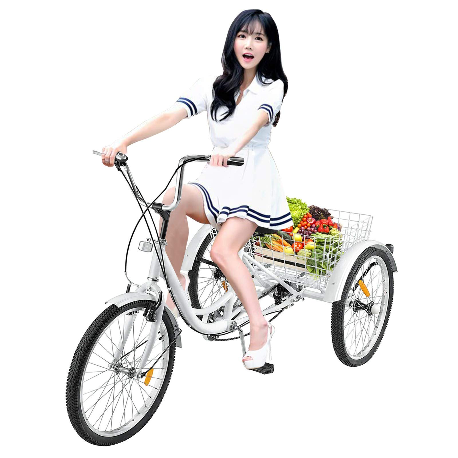 **24-Inch Adult Tricycle - 7-Speed Three-Wheel Bike with Cargo Basket & Adjustable Seat - Perfect for Recreation, Shopping & Kayak Transport (Men & Women)**    *(Use Cases: Ideal for seniors, casual riders, grocery shopping, beach trips, and outdoor adventures with cargo-carrying convenience.)*