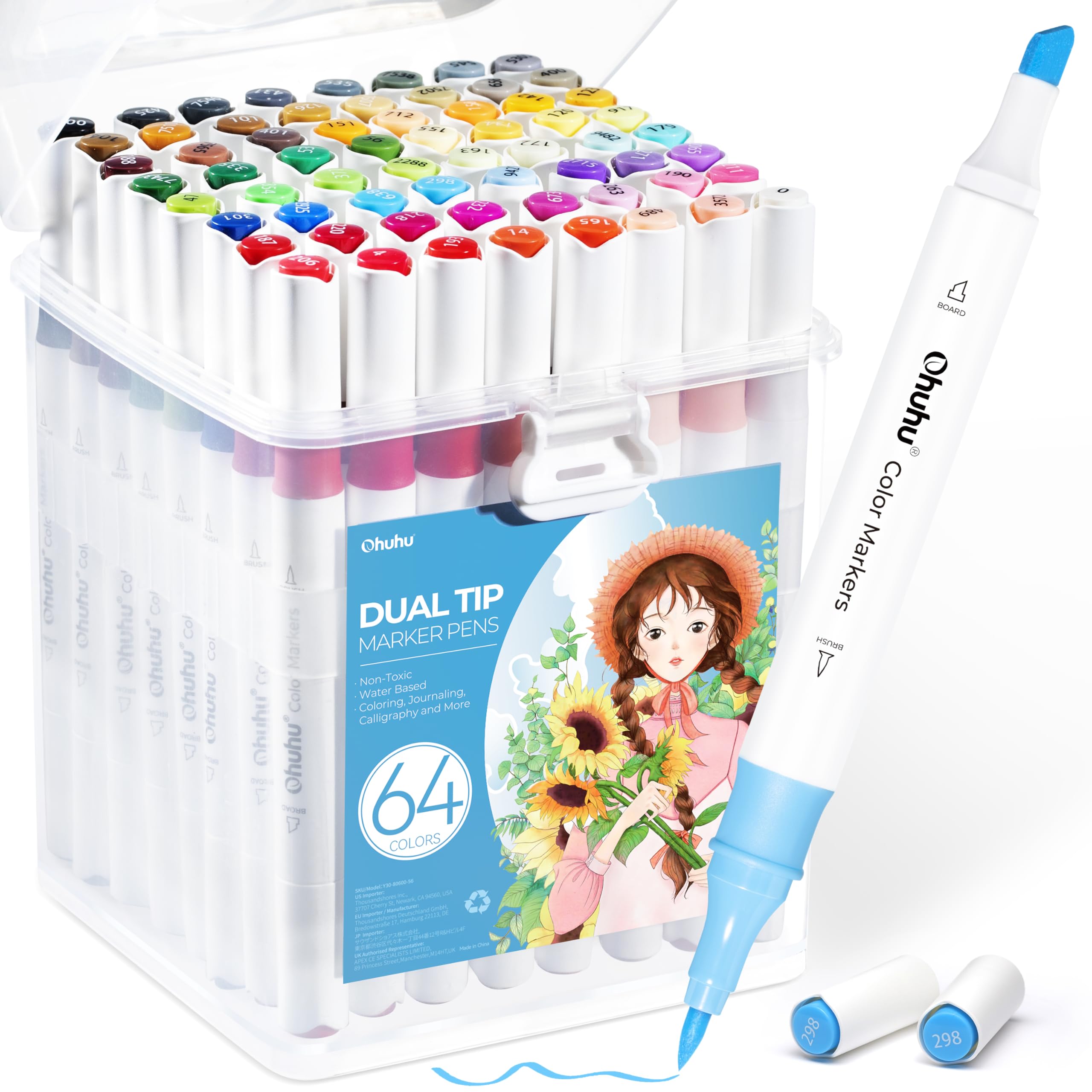 Ohuhu 64 Colors Dual Tip Water-Based Art Markers - Chisel & Brush Tips for Adult Coloring Books, No Bleed, Perfect for Kids, Beginners, Lettering, Journaling & DIY Craft Projects
