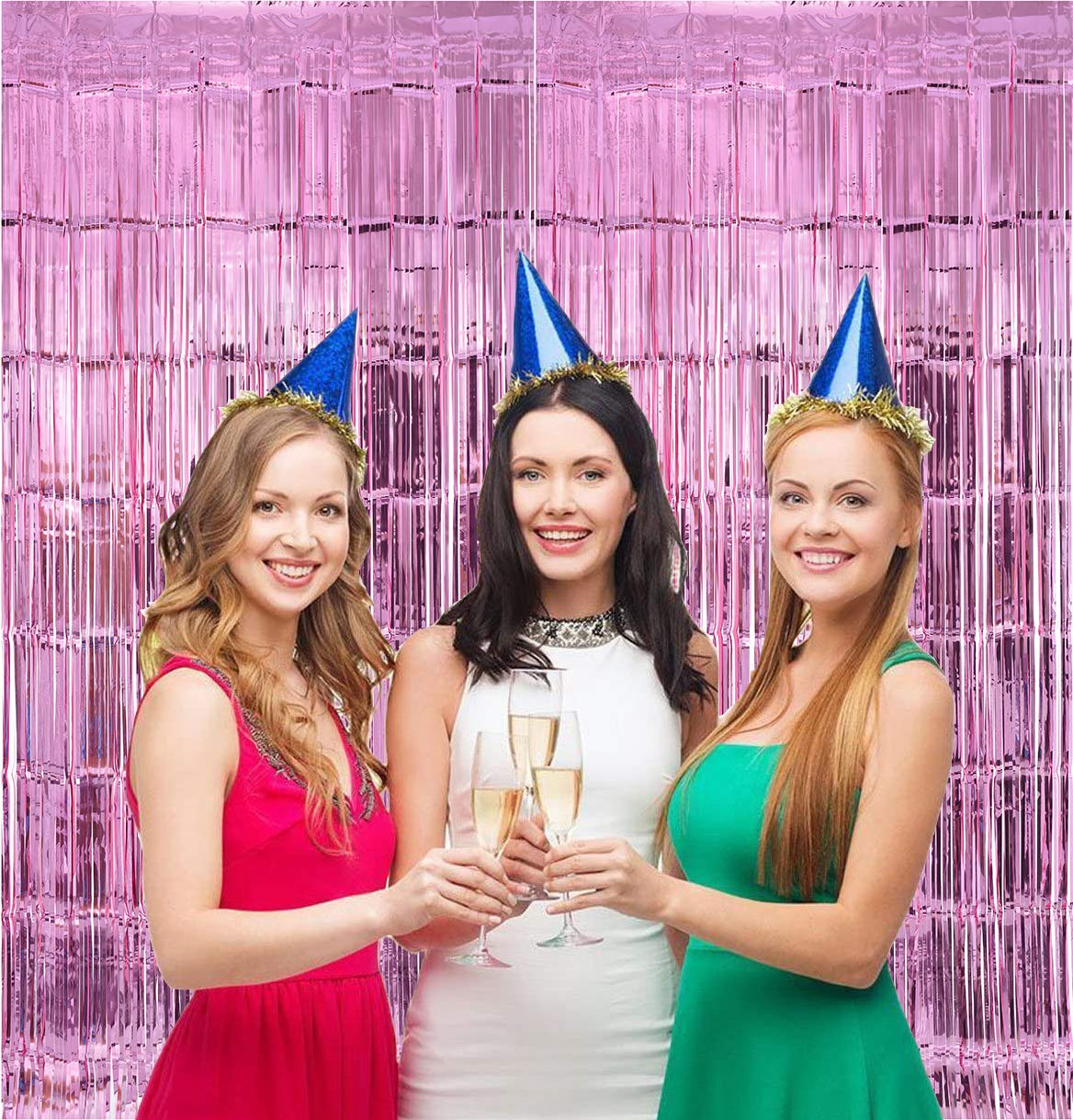 Stafih 8ft x 3ft Metallic Tinsel Foil Fringe Curtains - 2 Pack Pink Photo Booth Backdrop for Wedding, Birthday, Bachelorette & Christmas Party Decorations | Perfect for Baby Showers, New Year Celebrations and Home Decor