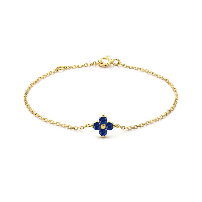 14K Yellow Gold Plated Round Cut Blue Sapphire Flower Bracelet for Women - Elegant 4 Stone Chain Bracelet Jewelry Gift for Her - Perfect for Weddings, Anniversaries & Special Occasions