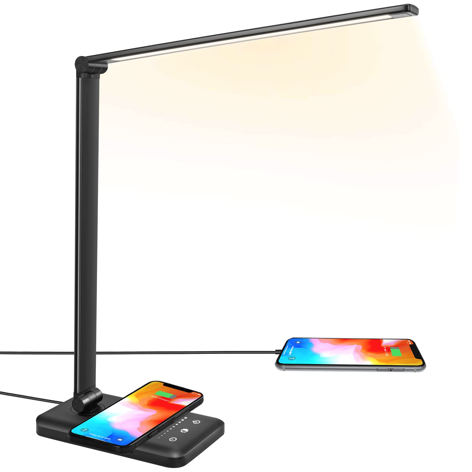 JOSTIC LED Desk Lamp with Wireless Charger & USB Port - 10 Brightness Levels, 5 Color Modes, Dimmable Eye-Care Light - Touch Control & Auto Timer - Perfect for Home Office, Study, Reading & Nightstand Use - Black