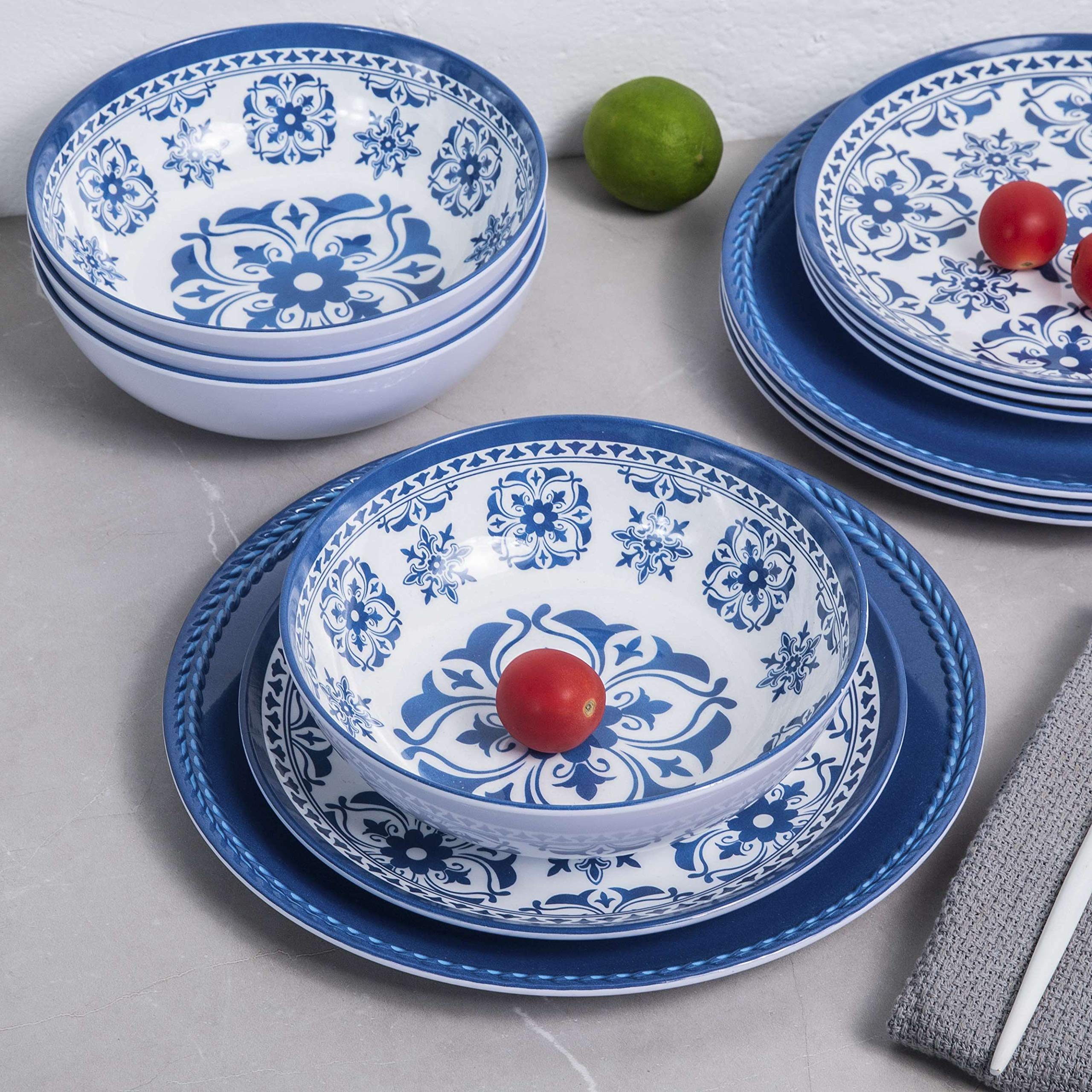 12-Piece Melamine Dinnerware Set - Durable Plates & Bowls for 4 People, Dishwasher Safe Blue Floral Design - Perfect for Outdoor Picnics, Indoor Dining, and Camping Trips