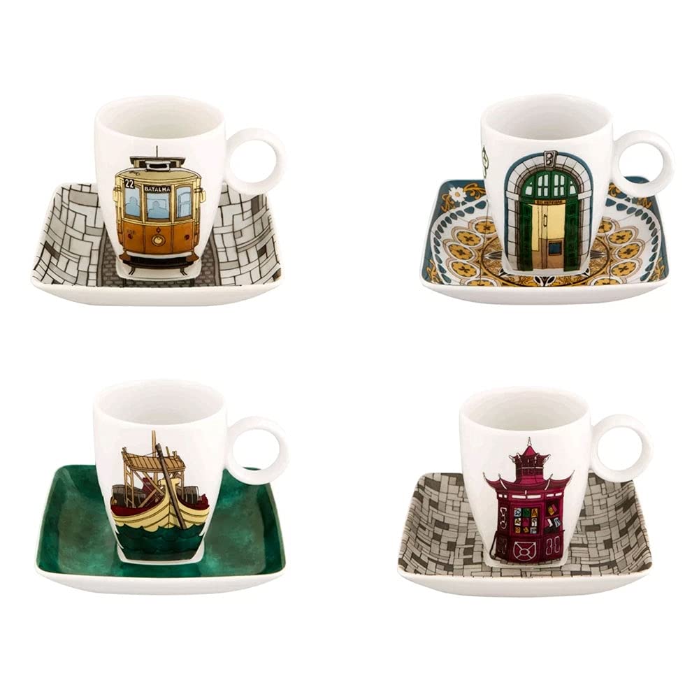 Vista Alegre Alma Do Porto Coffee Cup and Saucer Set - 4 Piece Porcelain Tea Cup Set with Gift Box - Perfect for Home, Cafe, and Gifts