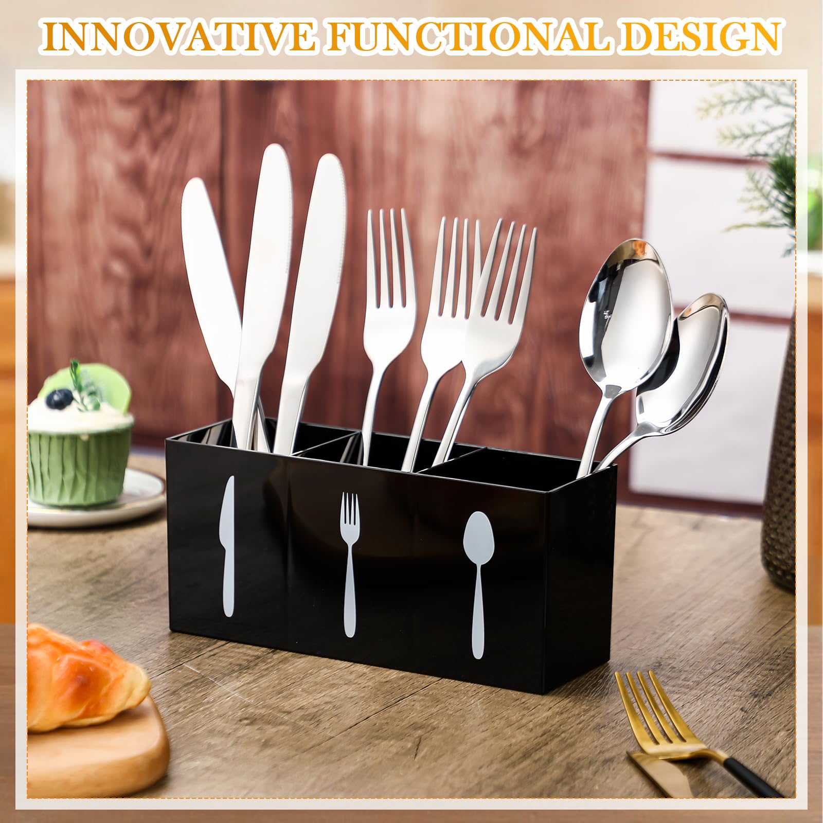 Acrylic Cutlery Storage Organizer - 3-Section Silverware Caddy for Knives, Spoons & Forks | Countertop & Cabinet Kitchen Organizer | Durable Tableware Holder for Dining Room & Home (Black) | Perfect for Kitchen Counter Organization & Flatware Storage
