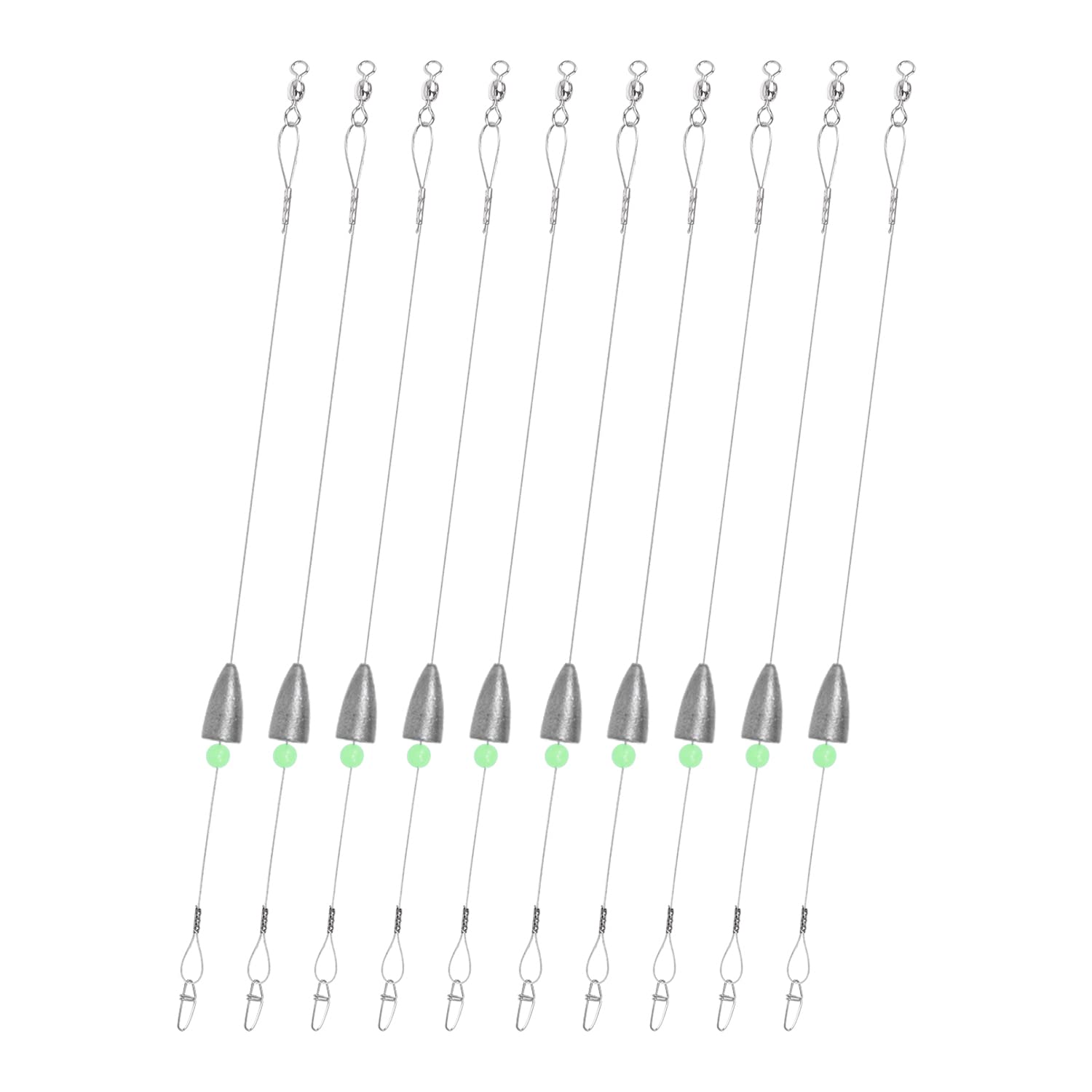 Premium Carolina Rigs for Bass Fishing - 12 Inch Steel Fishing Leaders with 1/6oz, 1/4oz, 1/2oz Weights (10 Pack) | Pre-Rigged for Freshwater & Saltwater Angling