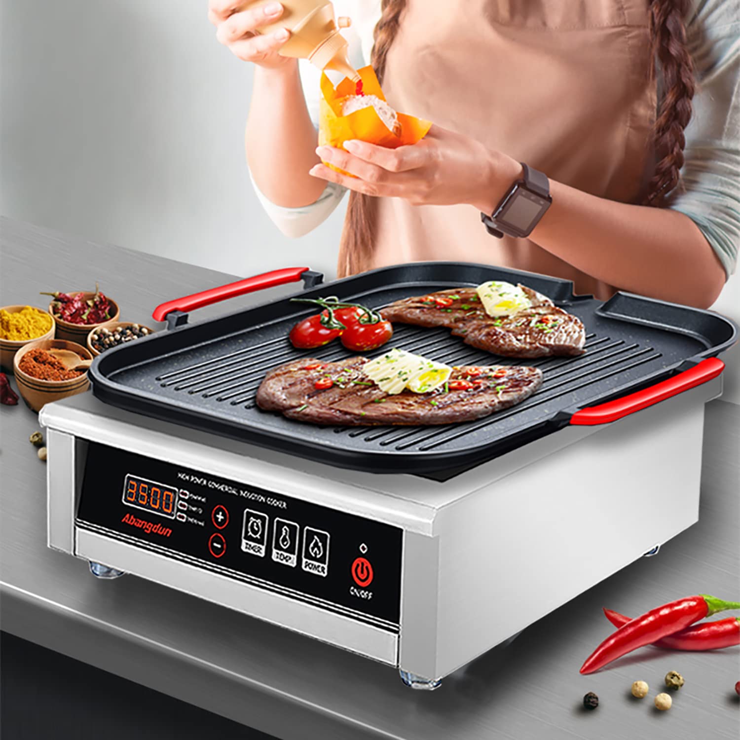 3500W Commercial Induction Cooktop - 240V Countertop Burner with 18-Hour Timer | Single Burner Hot Plate for Professional Kitchens & Restaurants | Perfect for Wok Cooking, Catering & Food Service