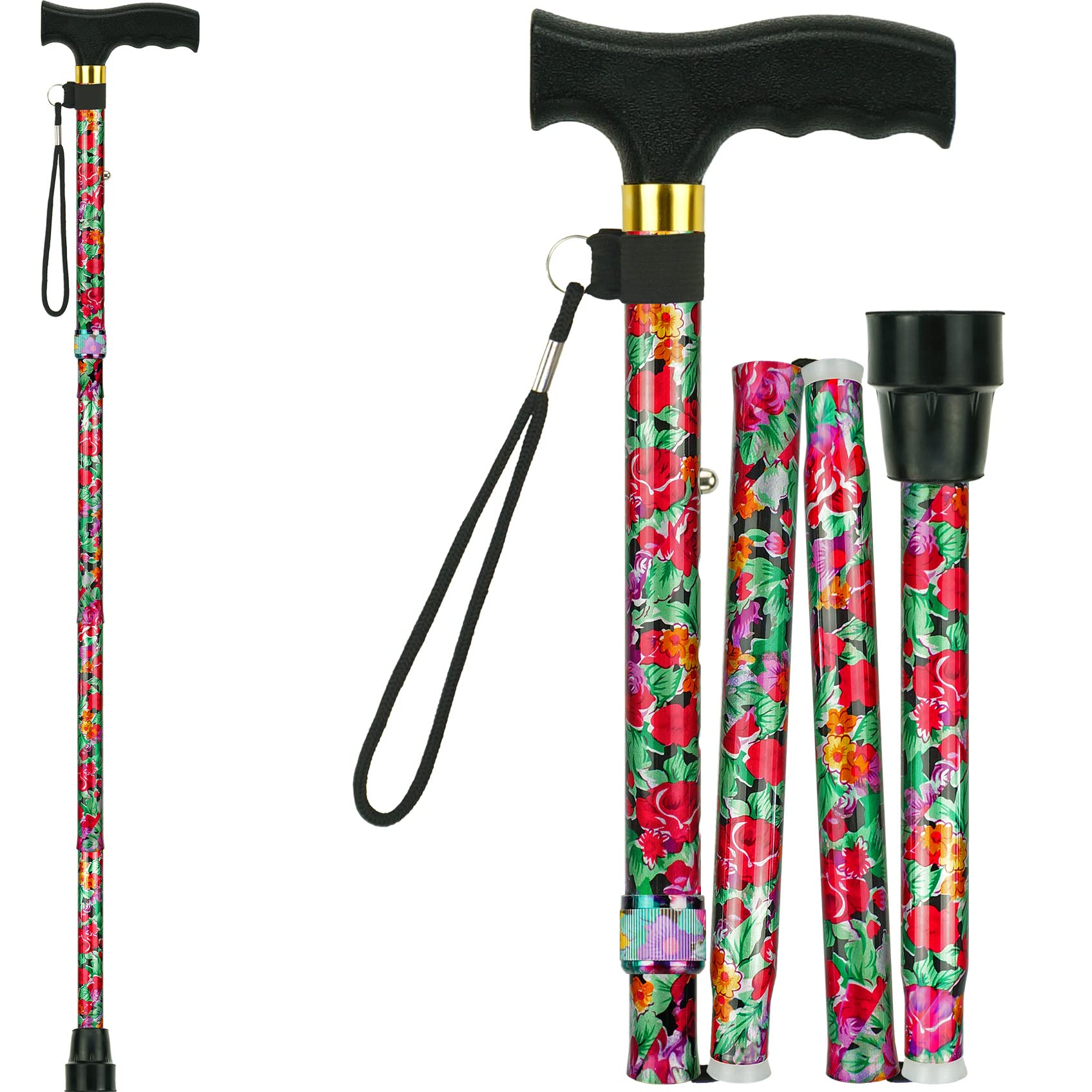Waydaw Adjustable Folding Walking Cane - Lightweight Aluminum Walking Stick with Floral Design for Men & Women - Perfect for Travel, Hiking & Daily Support