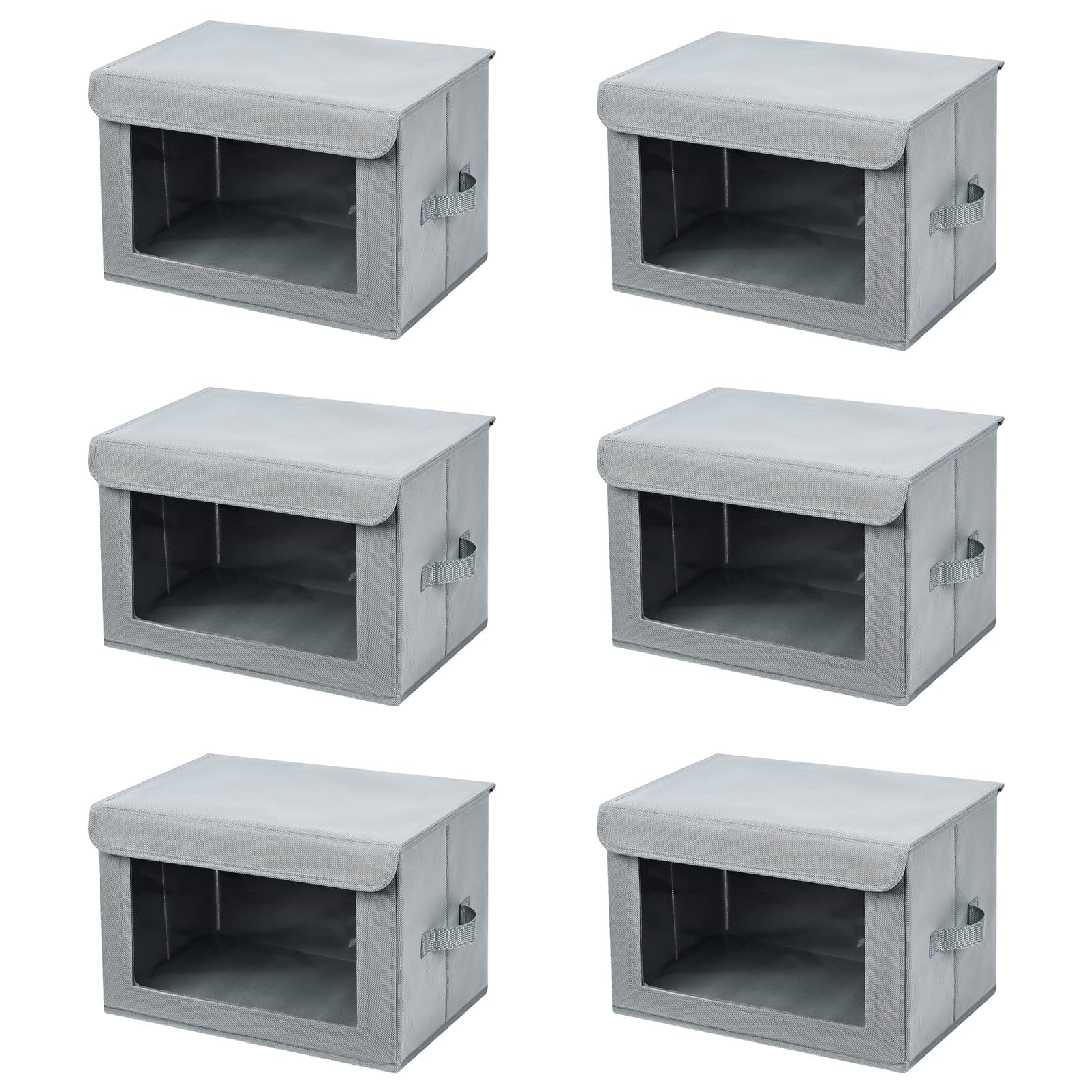 DIMJ Collapsible Storage Bins with Lids & Handles - 6 Pack Fabric Closet Organizer Baskets with Clear Windows, Light Grey Medium Size | Perfect for Linen Closets, Shelves & Home Organization