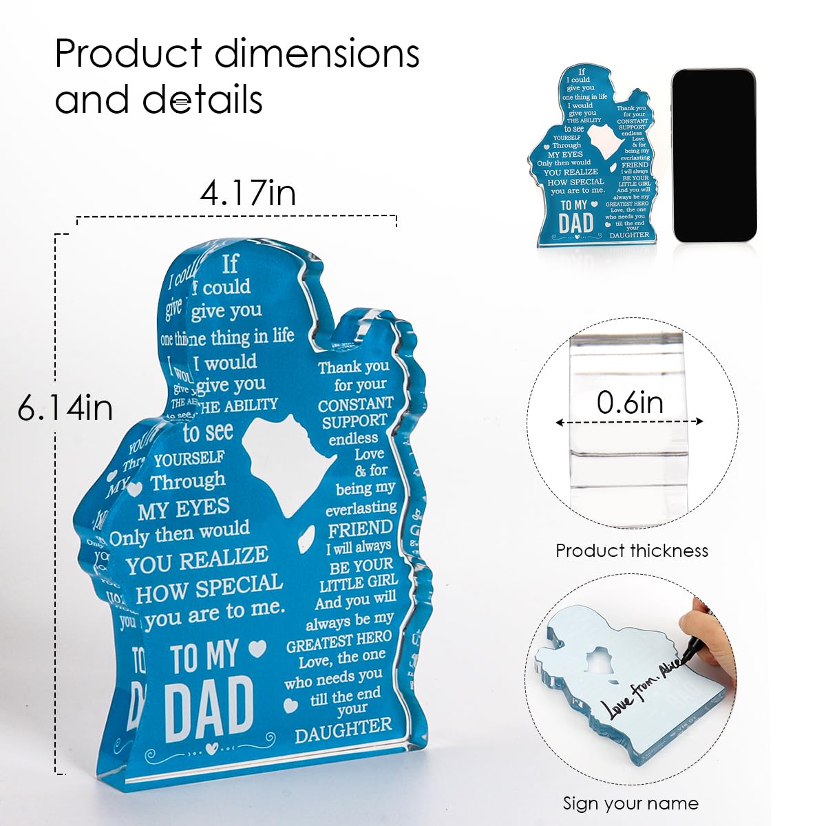 Personalized Acrylic Plaque Sign for Dad - Heartfelt Christmas, Birthday & Father's Day Gift Ideas from Daughter - Best Present for New Dad, Bonus Dad, Stepdad & Best Dad Ever - Perfect Office Desk Decor & Sentimental Keepsake