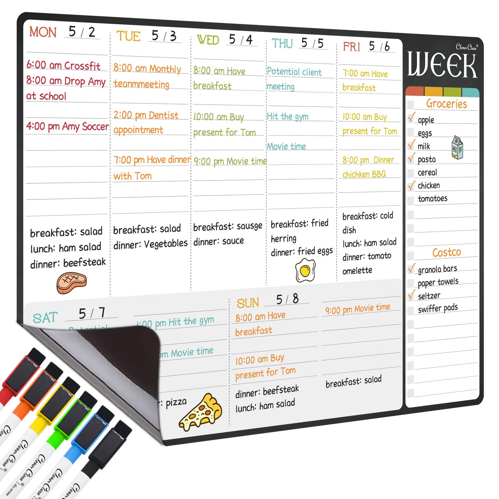 Magnetic Dry Erase Weekly Calendar Planner - 17x12 Inch Fridge Organizer with 6 Fine Point Markers - Perfect for Kitchen, Office & Home Organization - Ships Flat