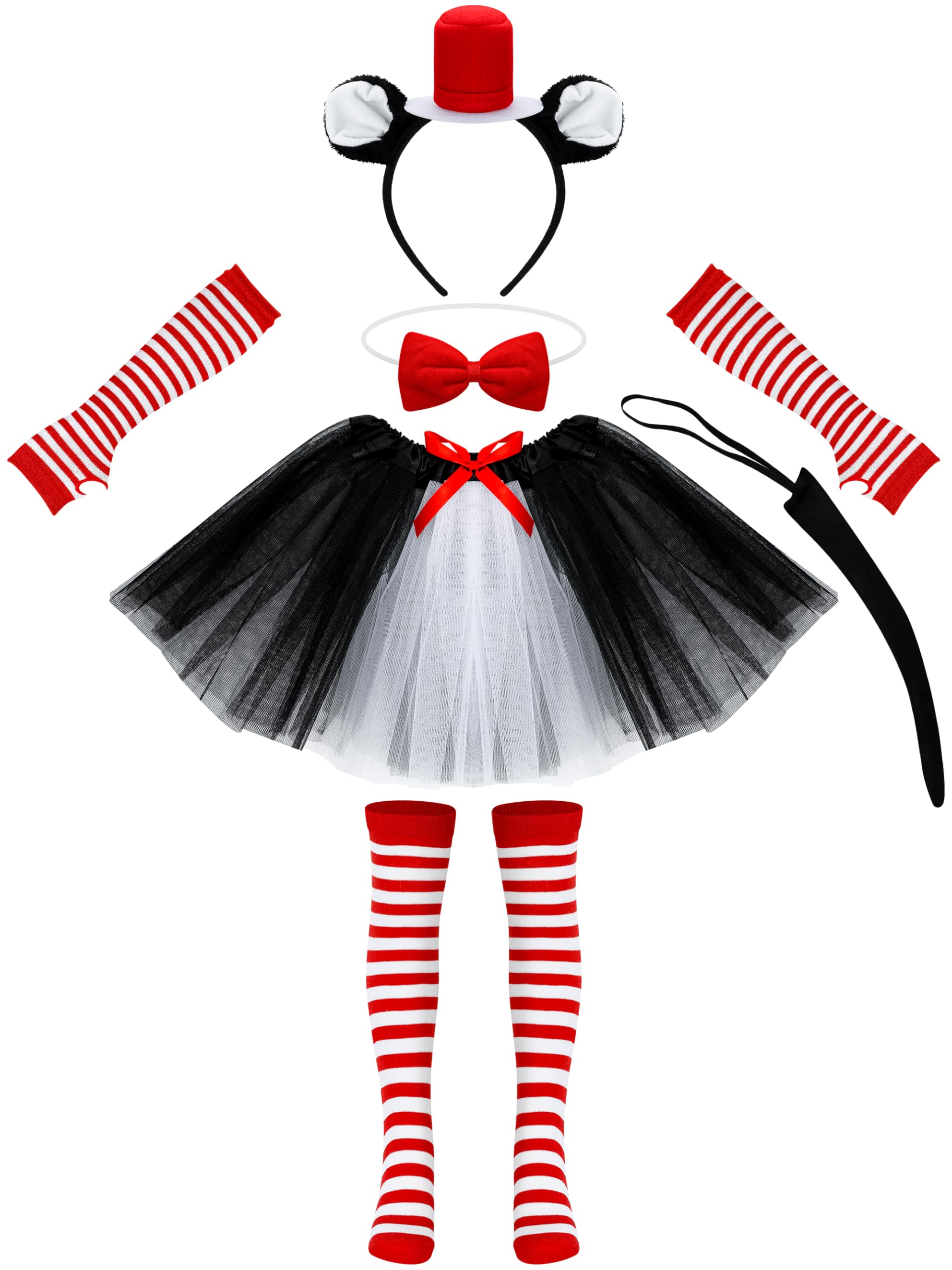8PCS Cat Costume Set - Cat Ear Top Hat, Headband, Tutu Skirt, Bowtie, Tail, Socks & Gloves for Halloween Cosplay, Party Dress Up, Anime Convention & Pet Lover Gifts