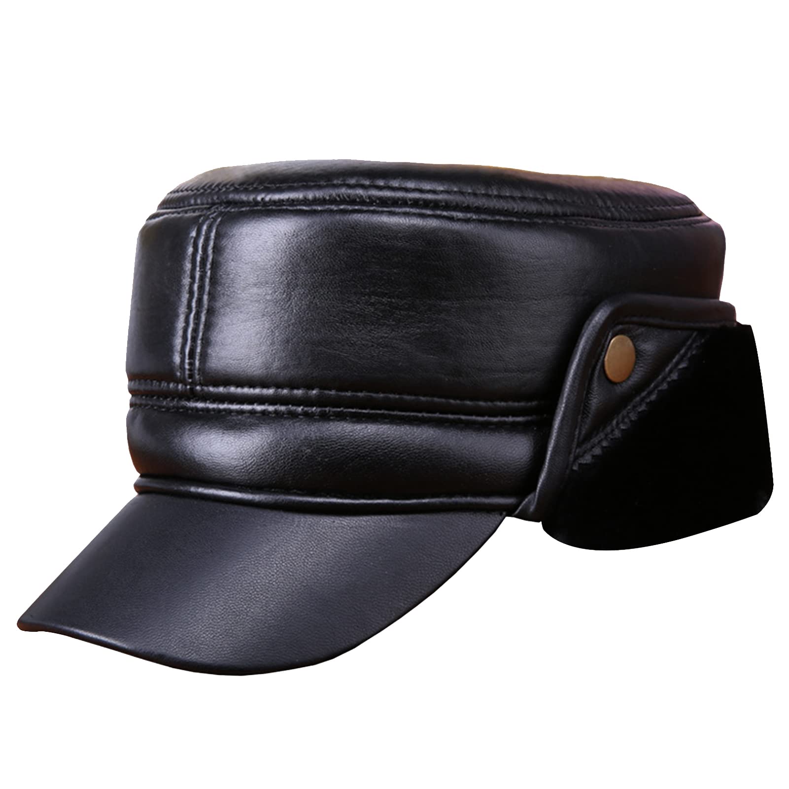 Men's Genuine Leather Baseball Cap with Ear Flaps - Windproof Winter Trapper Hunting Hat for Outdoor Activities, Military Style Driving Cap for Cold Weather Protection (Hunting, Camping, Snow Sports)