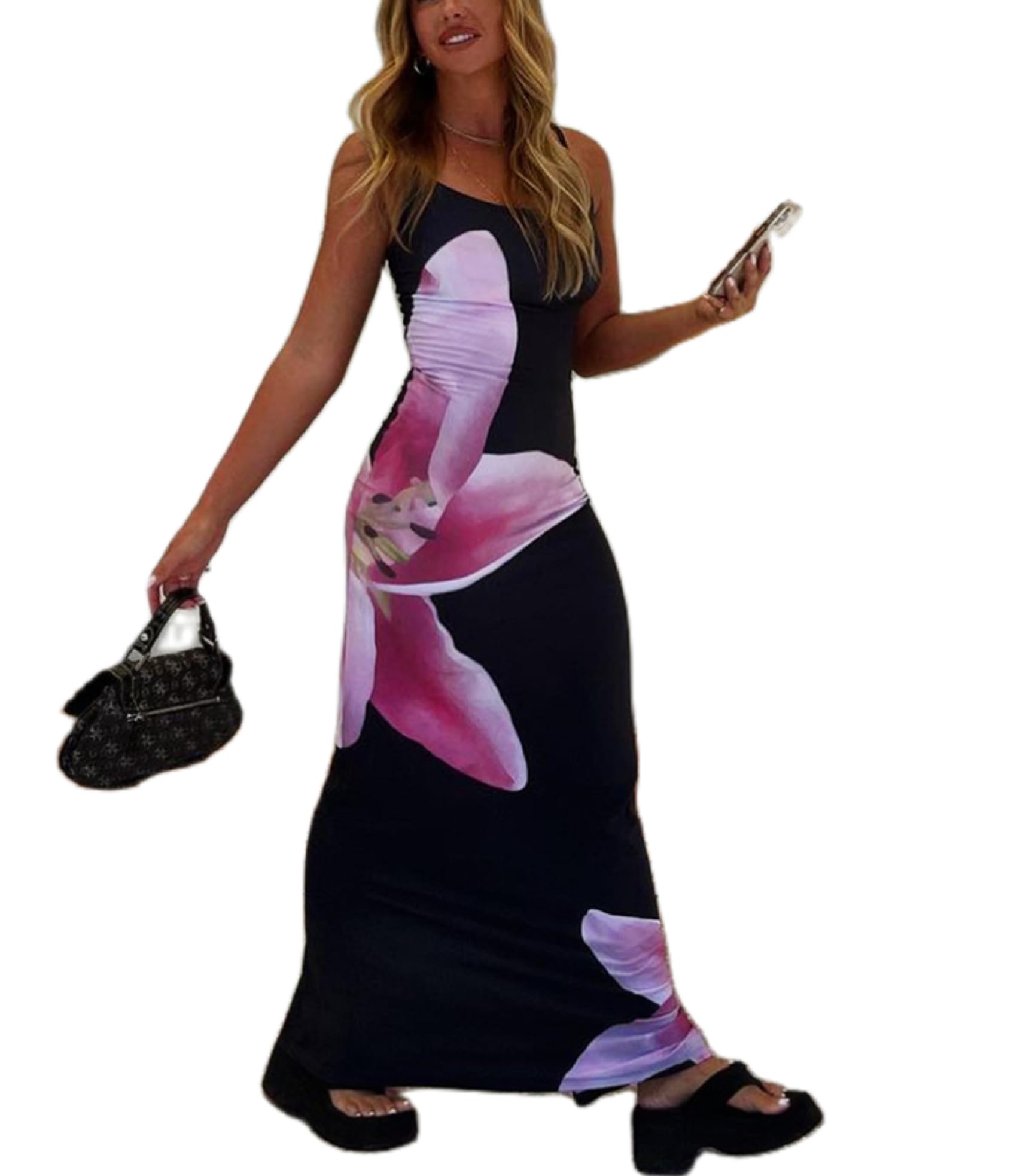 KMBANGI Women's Floral Print Spaghetti Strap Maxi Dress - Backless Y2K Bodycon Boho Long Sundress for Beach, Party & Summer Vacation