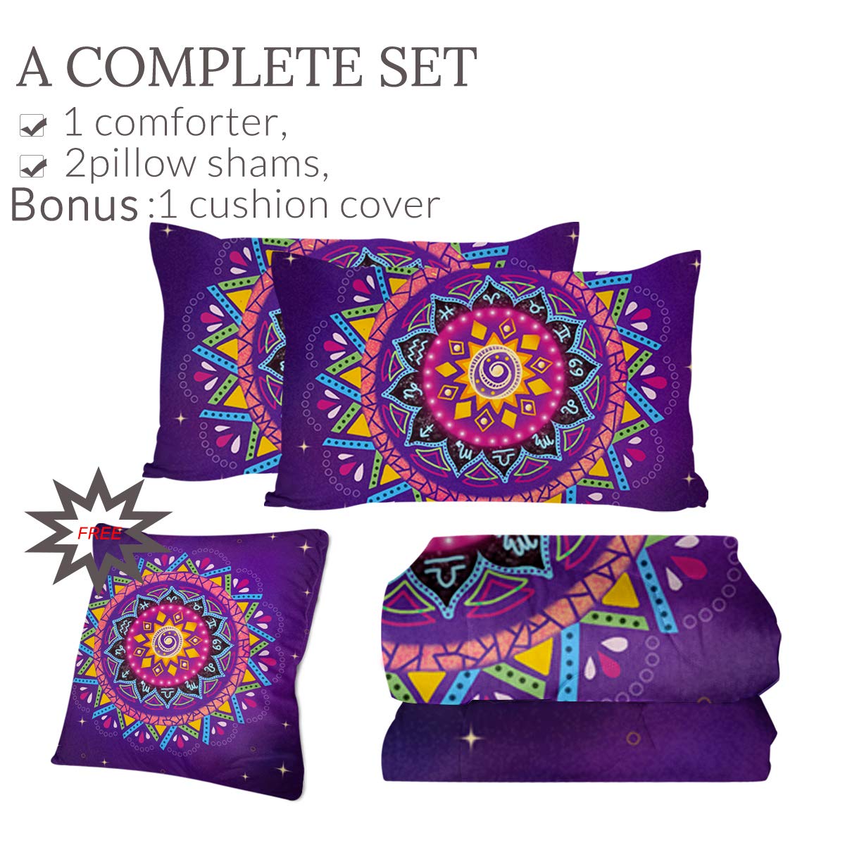 Sleepwish Zodiac Mandala Bohemian Comforter Set 4-Piece - Reversible Purple Boho Abstract Bedding for Queen Size Bed | Perfect for Bohemian Bedroom Decor & Guest Room Styling