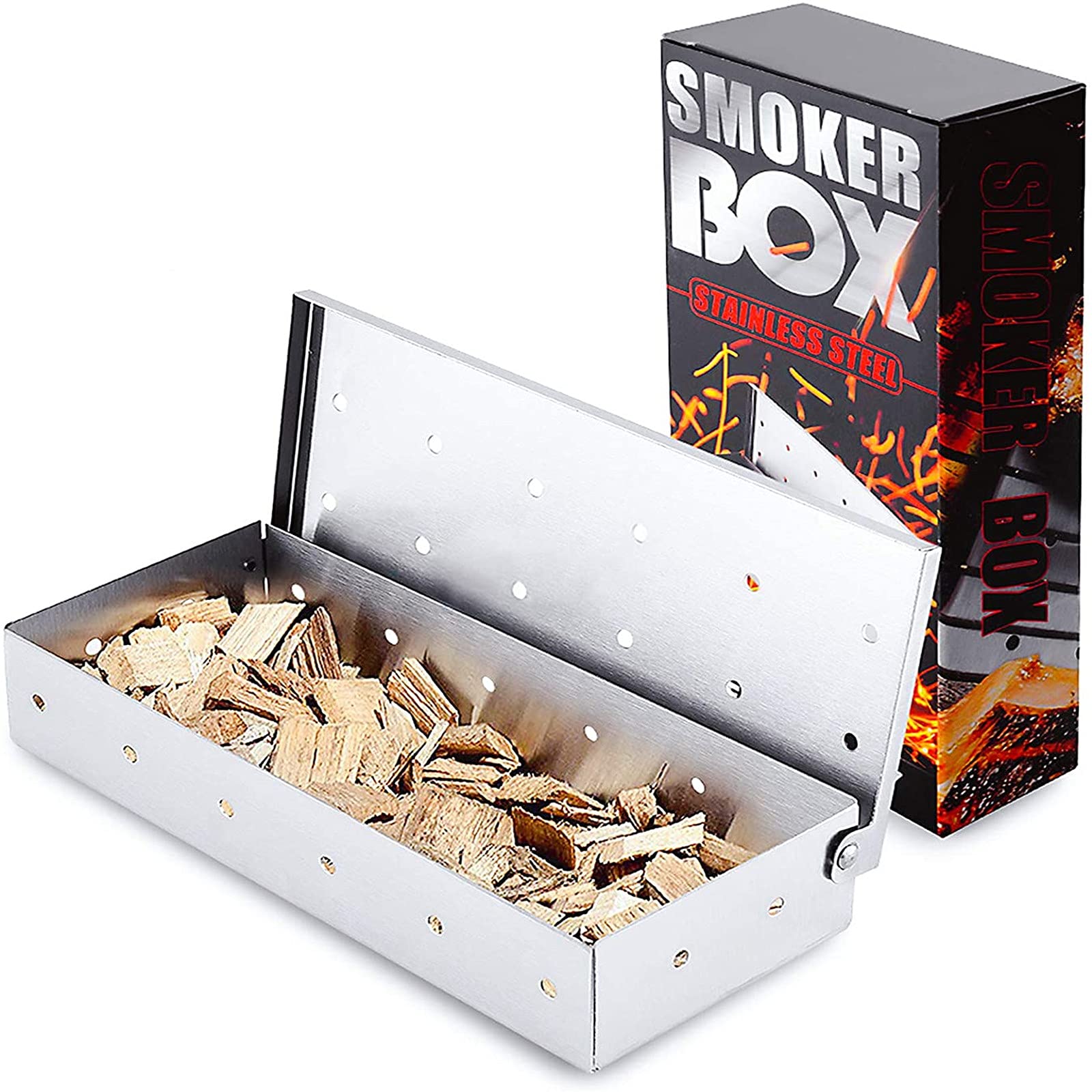 Premium Stainless Steel Sawdust Box for BBQ - Hinged Lid, Thick & Durable, No Warping - Perfect for Charcoal & Gas Grills, Meat Smoking - Ideal for Backyard Cookouts, Camping & Outdoor Barbecues