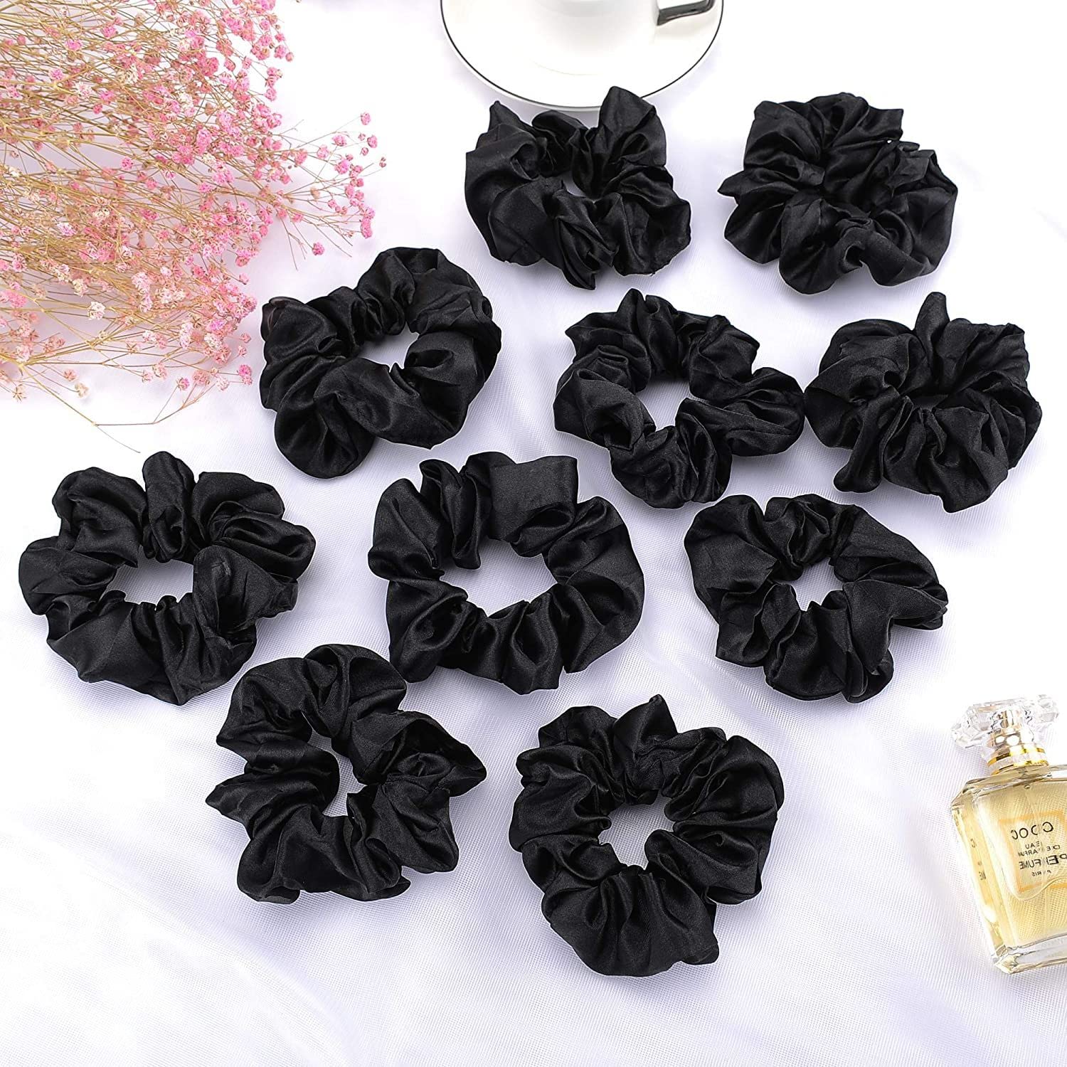 10 Pcs Black Satin Hair Scrunchies - Elastic Hair Bands for Women & Girls - Soft Hair Ties for Ponytails, Buns & Everyday Use - Hair Accessories for Work, Gym & Casual Wear