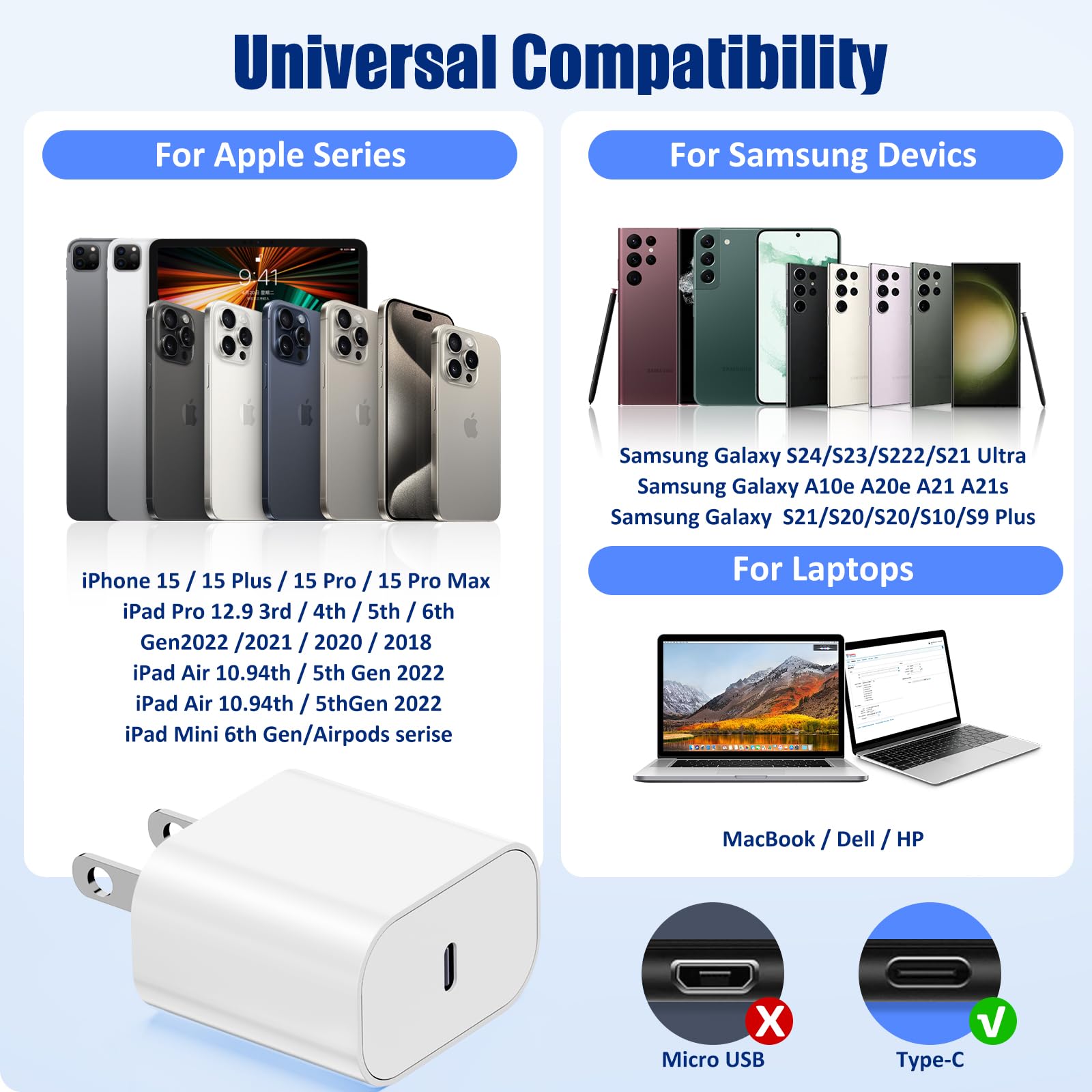 20W Fast Charger 3-Pack with 3/6/10FT USB C Cables - Compatible with iPhone 16/15/15 Plus/15 Pro Max, iPad Pro/Air, AirPods & Samsung Galaxy - Quick Charging for Home, Office & Travel