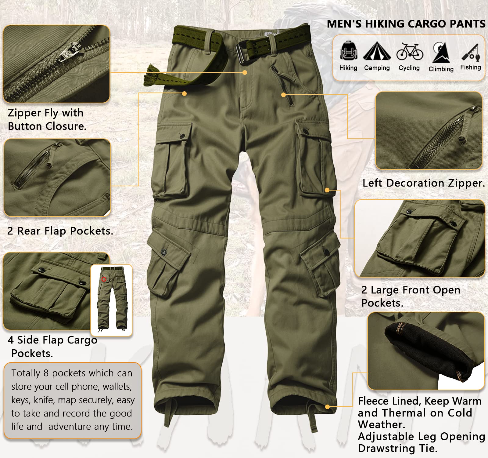 AKARMY Men's Fleece Lined Hiking Pants - Waterproof Outdoor Cargo Pants for Hiking, Skiing & Work with 8 Pockets - Warm Winter Tactical Pants for Camping & Snow Activities