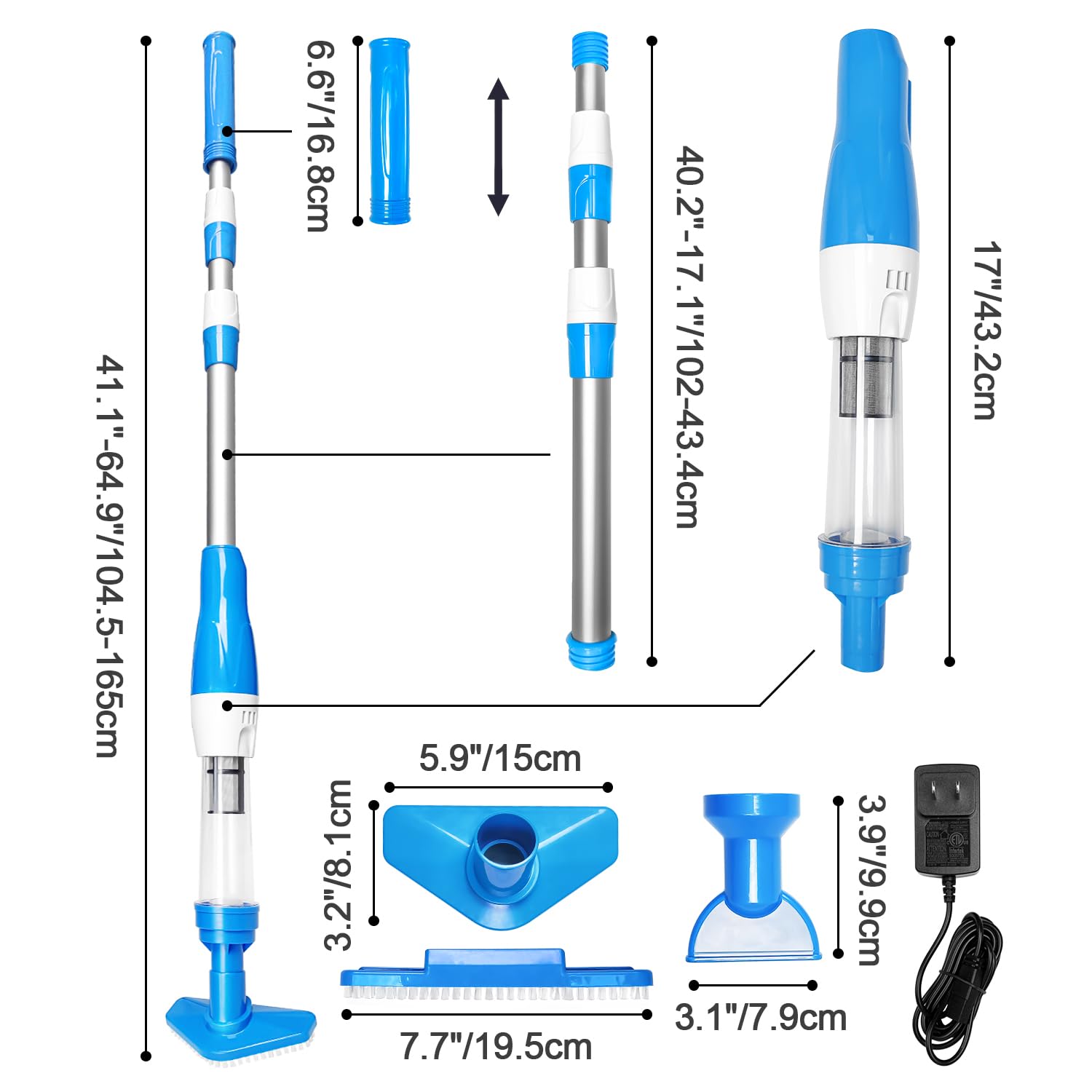 PoolyPoly 3-in-1 Cordless Pool Vacuum with Battery, Handheld Pool Cleaner & Floor Vacuum, 90 Min Runtime, Telescopic Pole - Ideal for Small Pools, Spas, Whirlpools (Blue) | Perfect for Quick Cleaning & Maintenance of Inground & Above Ground Pools