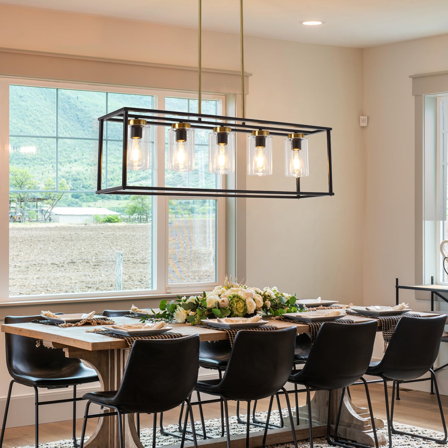 36 Inch Modern Farmhouse Pendant Light - Adjustable Height Industrial Chandelier with Glass Shade for Kitchen Island & Dining Room Lighting | Perfect for Farmhouse, Industrial & Contemporary Home Decor