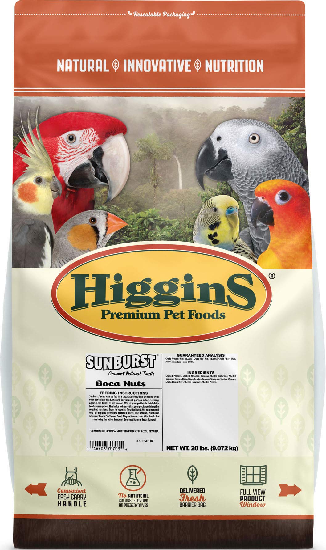 Premium Higgins Sunburst Treats Boca Nuts for Parrots & Macaws - 20lb Bag | Nutritious Bird Snacks for Training, Foraging & Bonding Activities