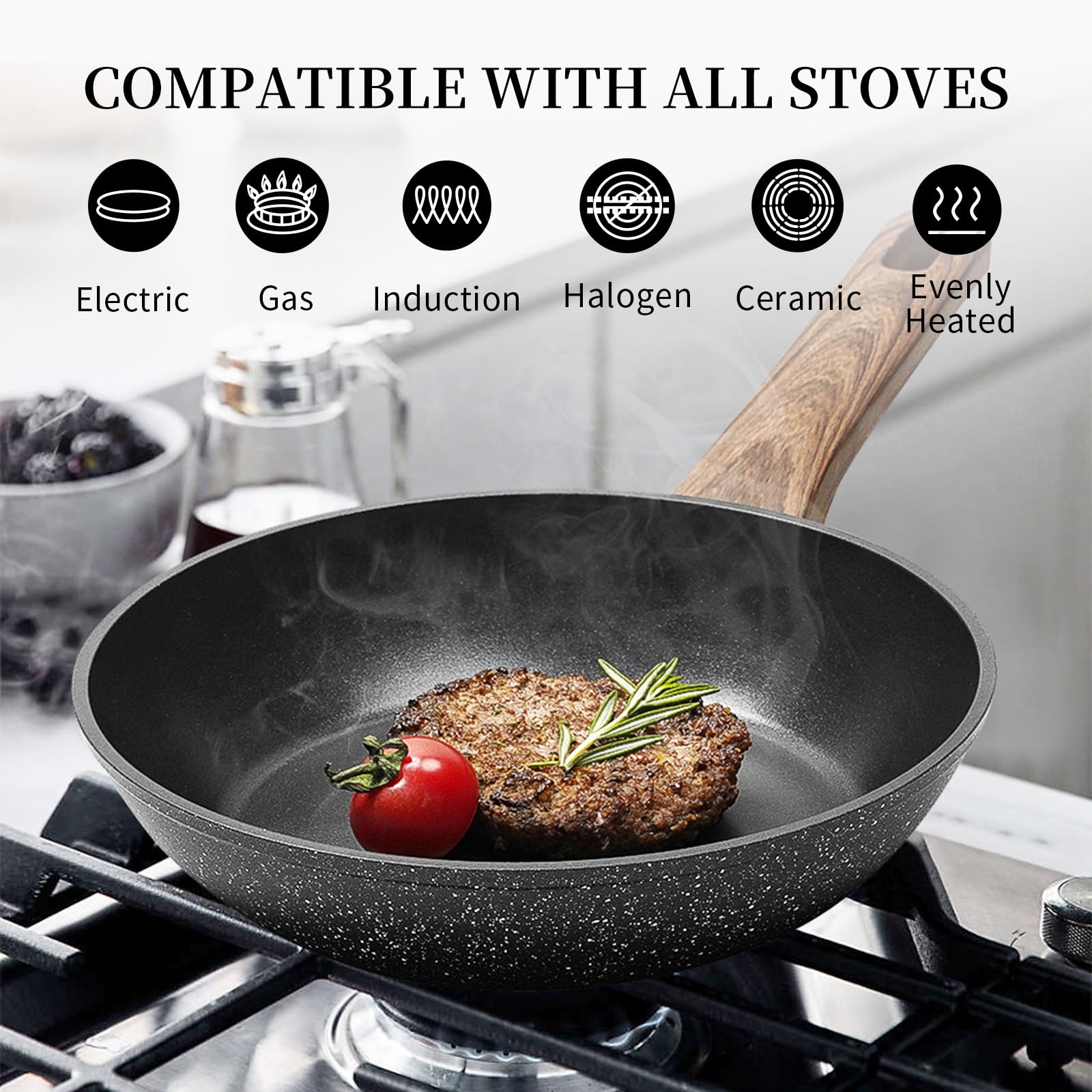 **9.5 Inch Nonstick Frying Pan - Black Non-Toxic Skillet, Oven & Induction Safe, PFOA Free - Perfect for Eggs, Omelettes & Everyday Cooking**
