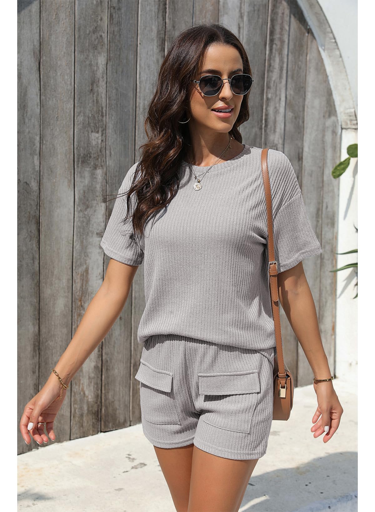 EVALESS Women's Rib Knit Lounge Set - Soft Short Sleeve Top & High Waist Stretchy Shorts - Comfy Pajama Outfit for Home, Sleep & Relaxation