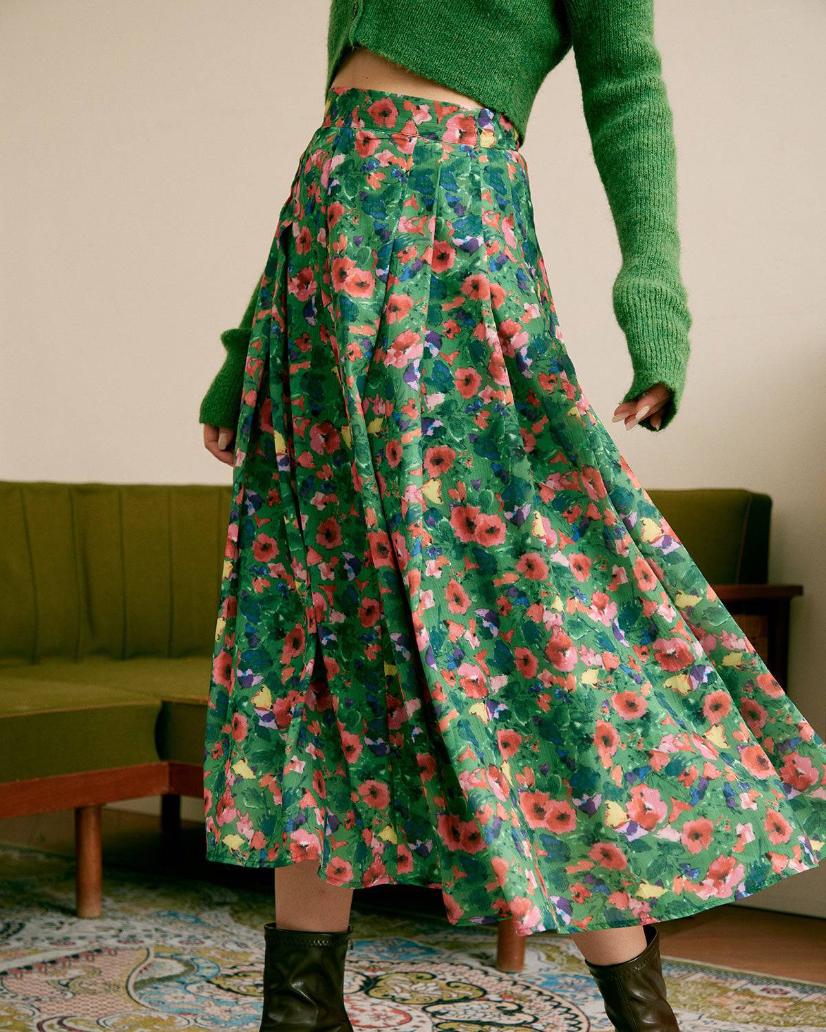Elegant Green Pleated Floral Skirt for Women - Summer Boho Midi Skirt with Elastic Waist - Perfect for Beach, Vacation & Casual Outfits