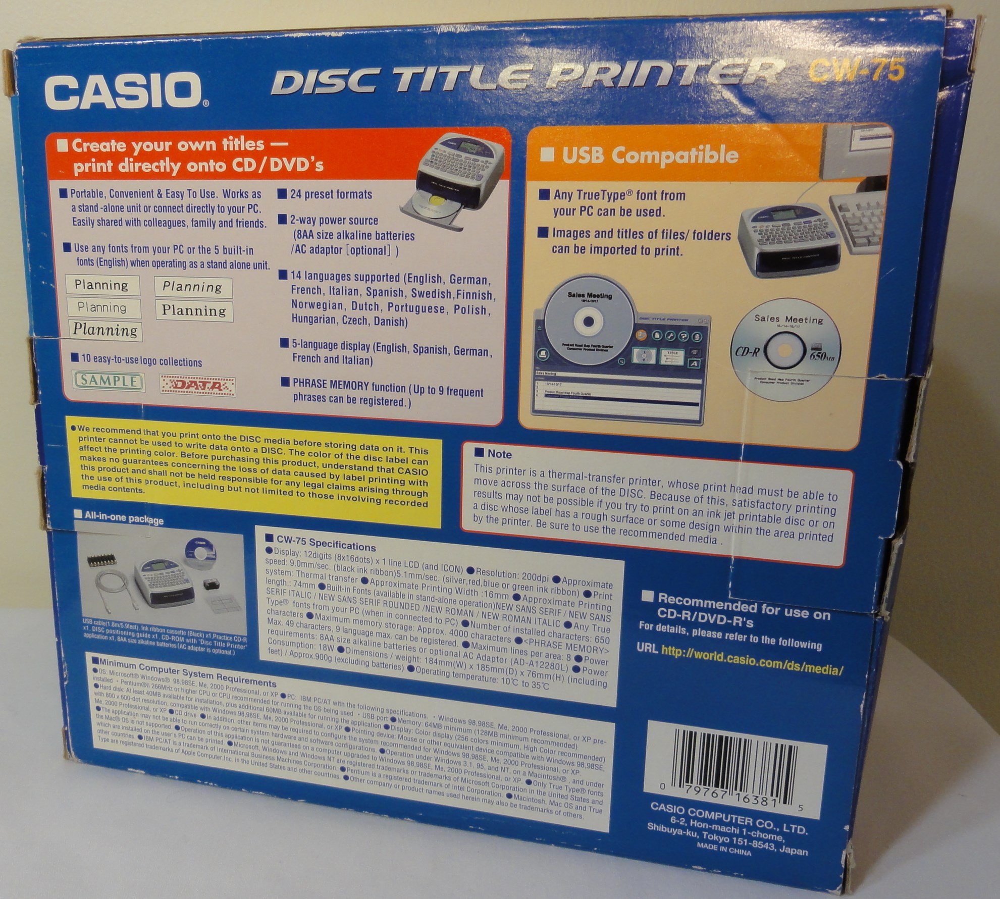 Casio CW-75 Disc Title Printer with Qwerty Keyboard - Perfect for CD/DVD Labeling, Music Collections & Data Archiving
