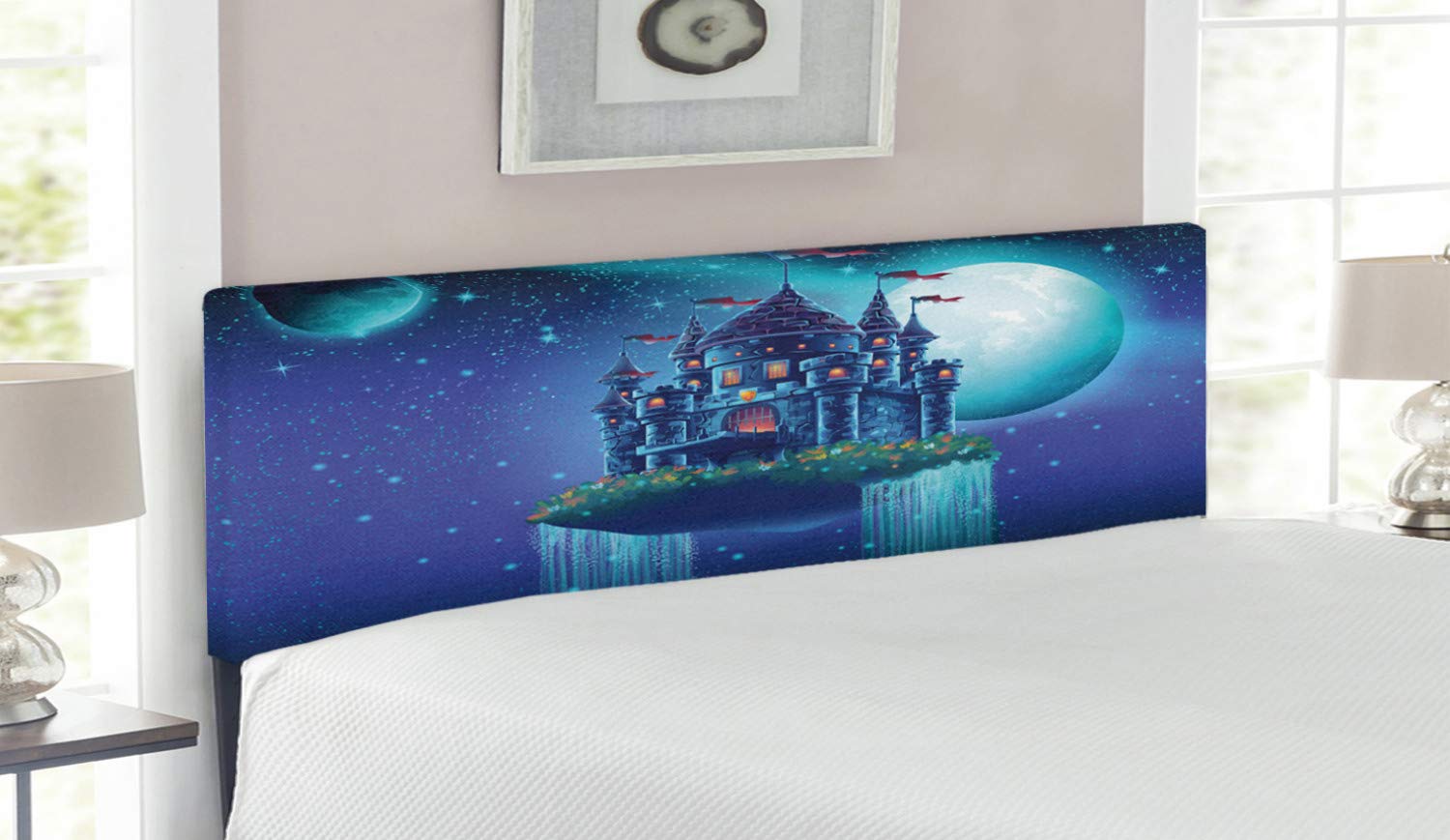 Lunarable Fantasy Headboard - Fictional Magic Castle on Clouds with Space Planets & Stars Design, Upholstered Decorative Metal Bed Frame with Memory Foam (Queen Size, Blue & Teal) - Perfect for Kids' Bedroom, Teen Room or Fantasy-Themed Decor